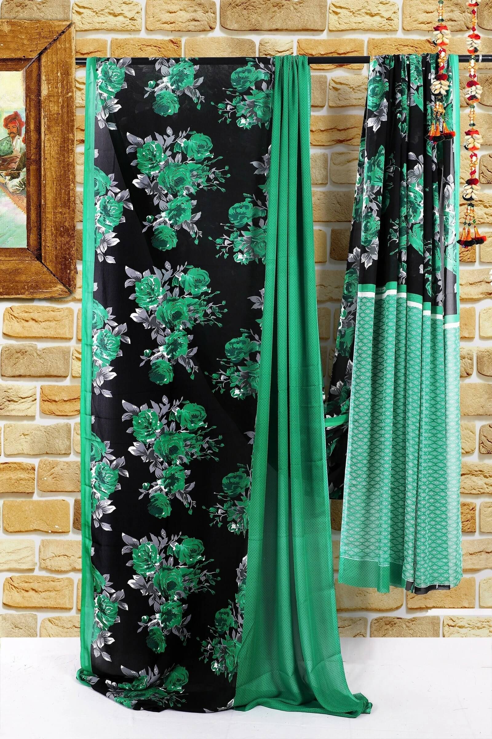     			Yashika Georgette Printed Bandhani Sarees With Unstitched Blouse Piece ( Green )