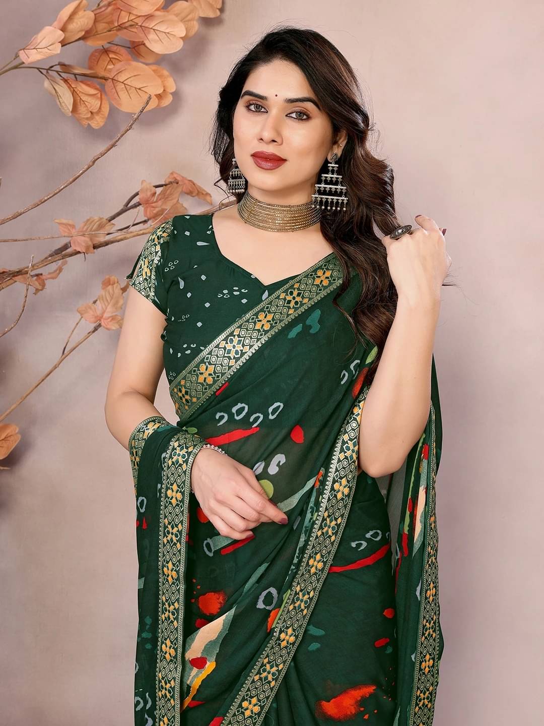 Yashika Georgette Printed Bandhani Sarees With Unstitched Blouse Piece ( Green )     			Yashika Georgette Printed Bandhani Sarees With Unstitched Blouse Piece ( Green )