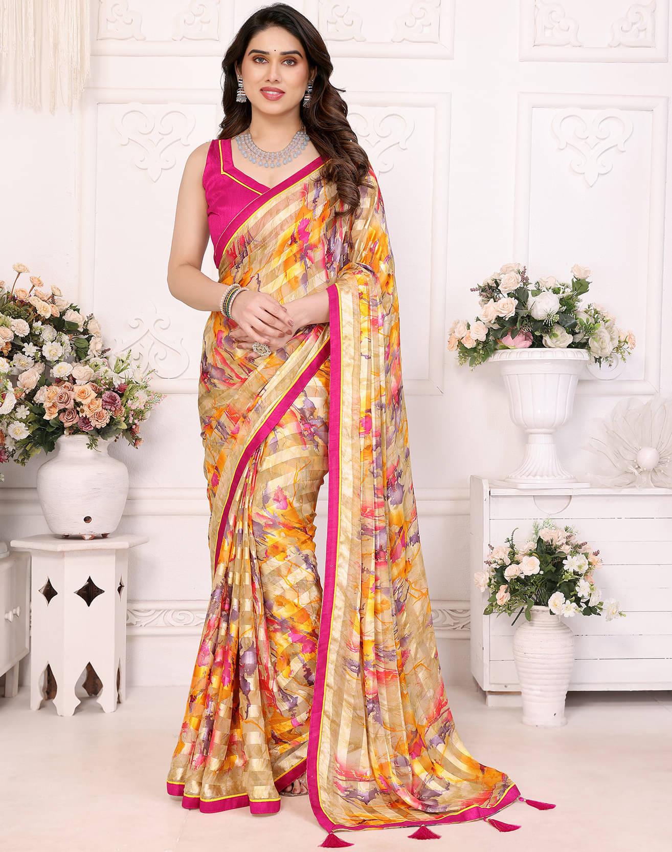 Yashika Georgette Printed Bandhani Sarees With Unstitched Blouse Piece ( Yellow ) Yashika Georgette Printed Bandhani Sarees With Unstitched Blouse Piece ( Yellow )