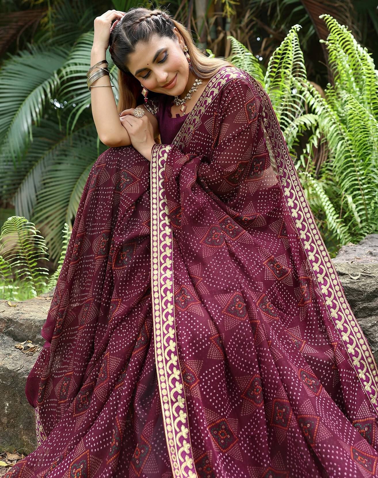    			Yashika Georgette Printed Bandhani Sarees With Unstitched Blouse Piece ( Purple )