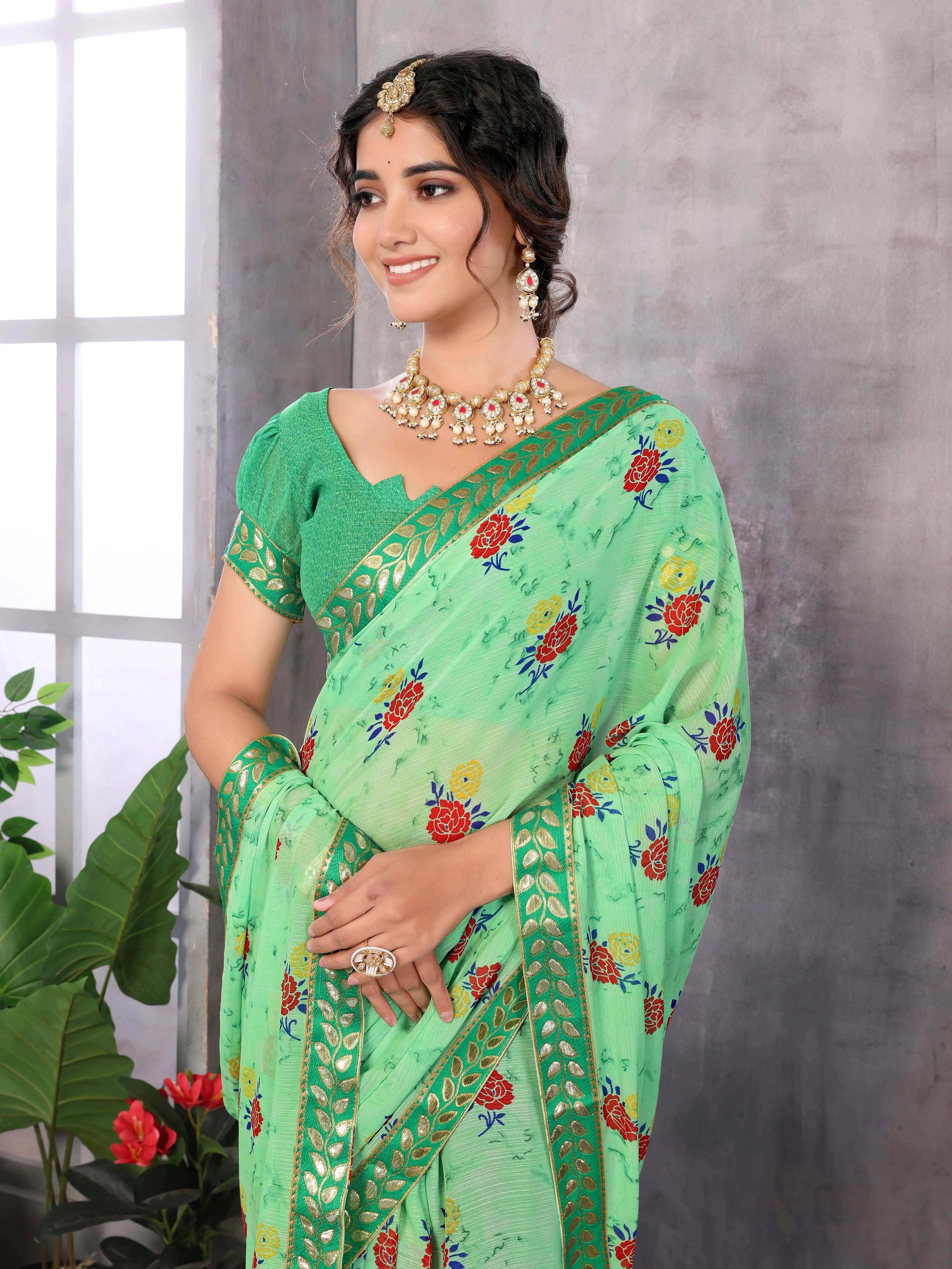     			Yashika Georgette Printed Bandhani Sarees With Unstitched Blouse Piece ( Green )
