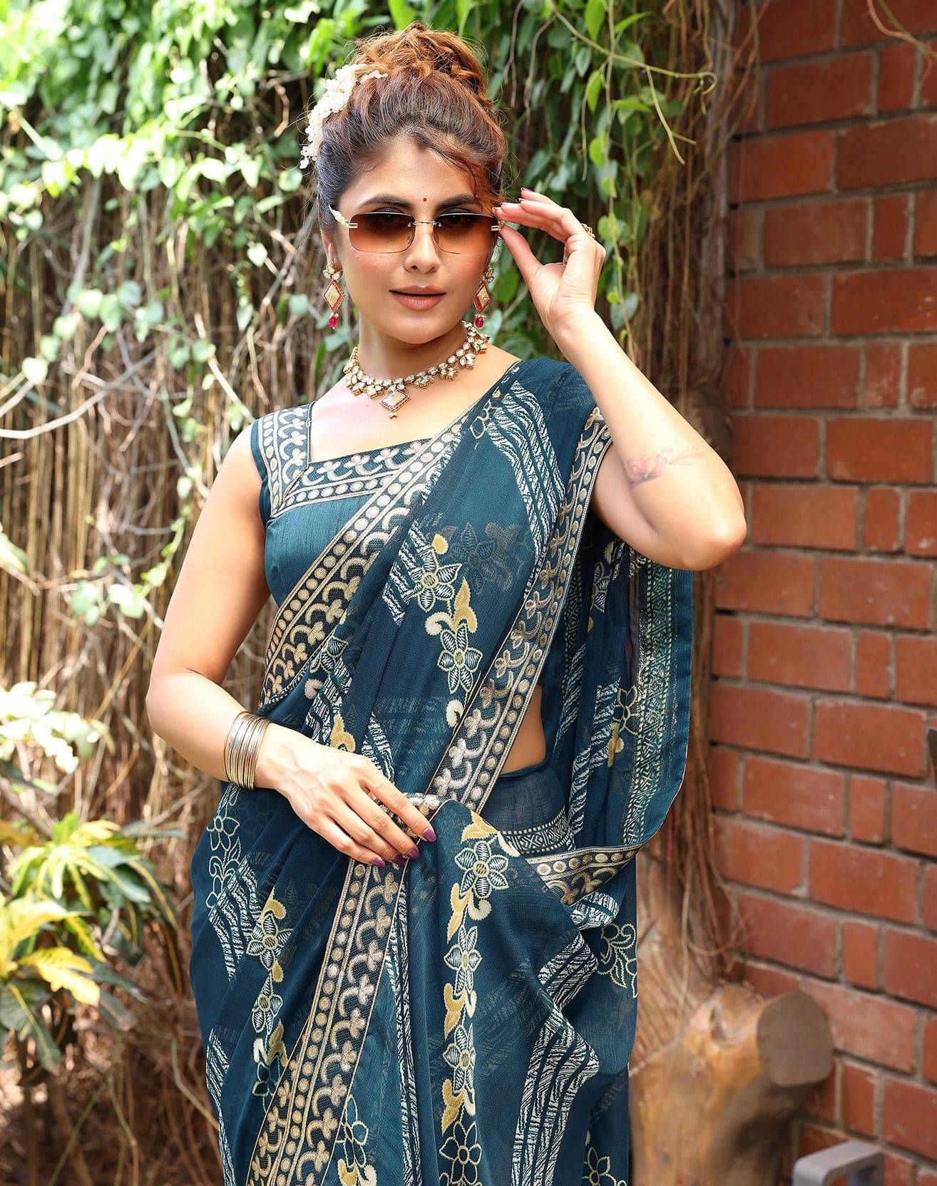    			Yashika Georgette Printed Bandhani Sarees With Unstitched Blouse Piece ( Blue )