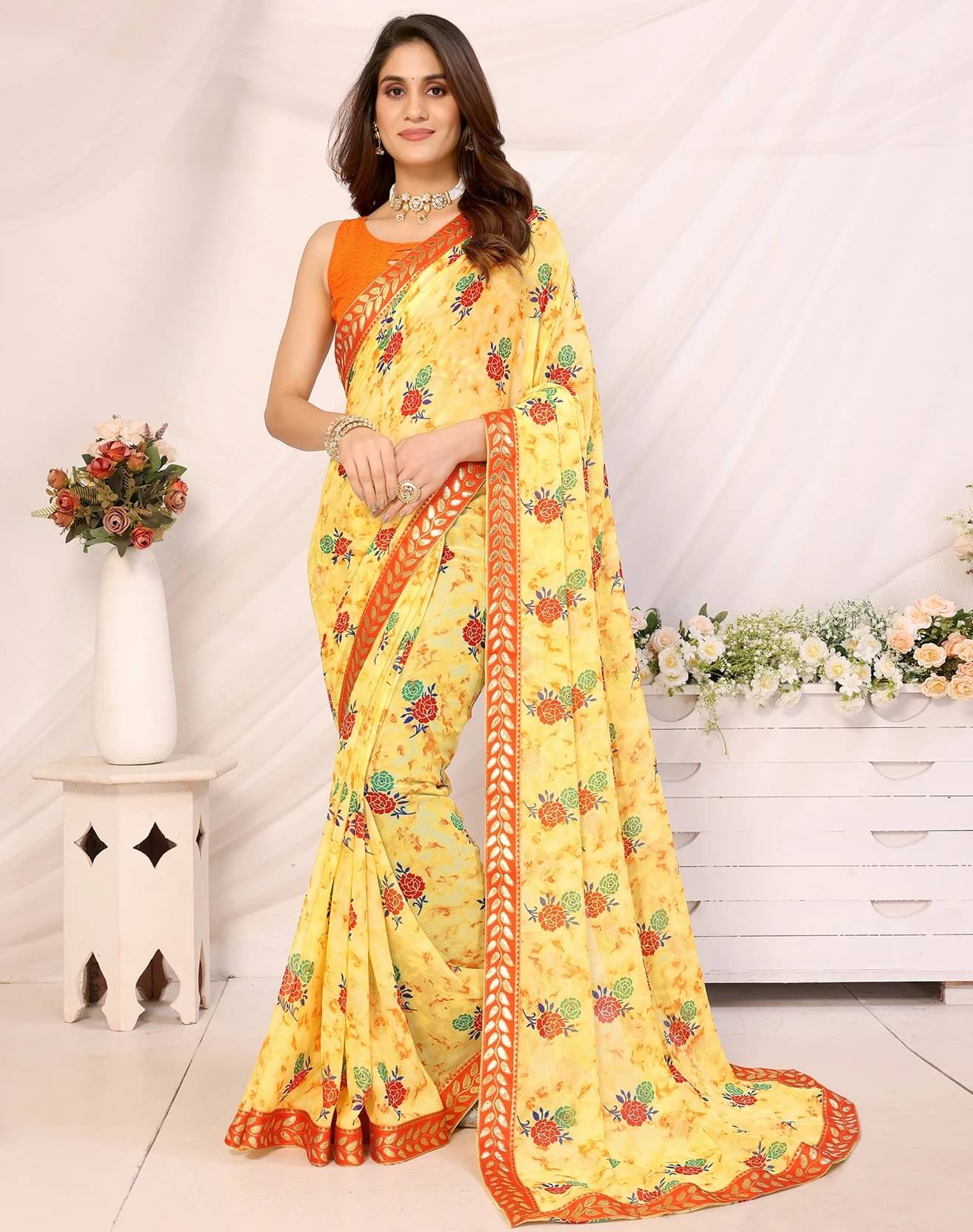     			Yashika Georgette Printed Bandhani Sarees With Unstitched Blouse Piece ( Yellow )