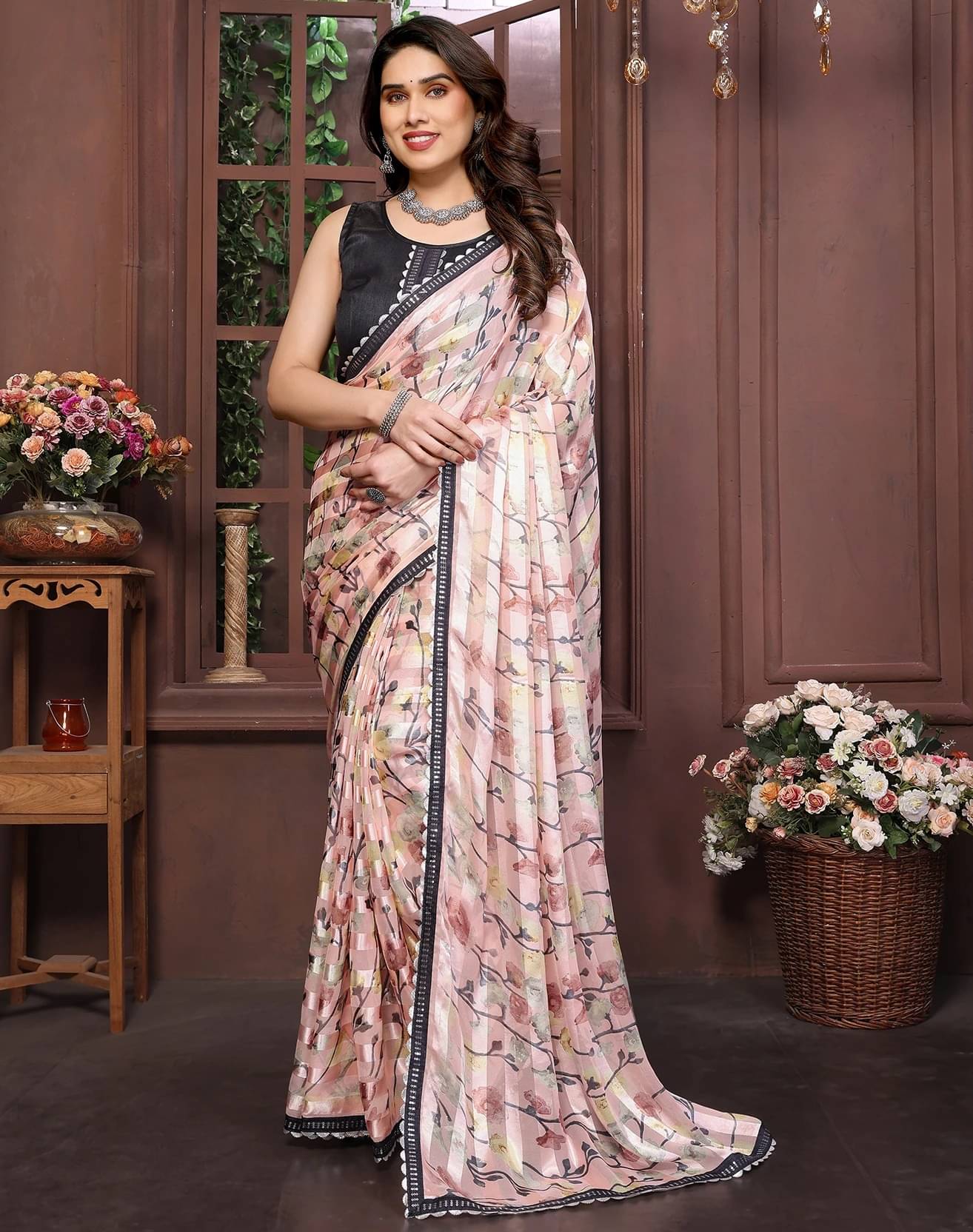 Yashika Georgette Printed Bandhani Sarees With Unstitched Blouse Piece ( Brown )     			Yashika Georgette Printed Bandhani Sarees With Unstitched Blouse Piece ( Brown )