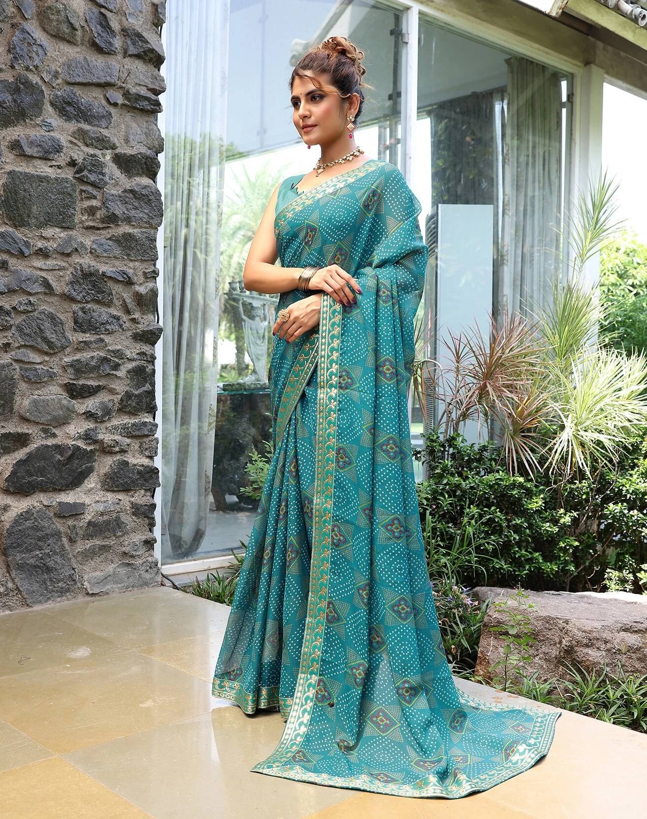 Yashika Georgette Printed Bandhani Sarees With Unstitched Blouse Piece ( Blue )     			Yashika Georgette Printed Bandhani Sarees With Unstitched Blouse Piece ( Blue )