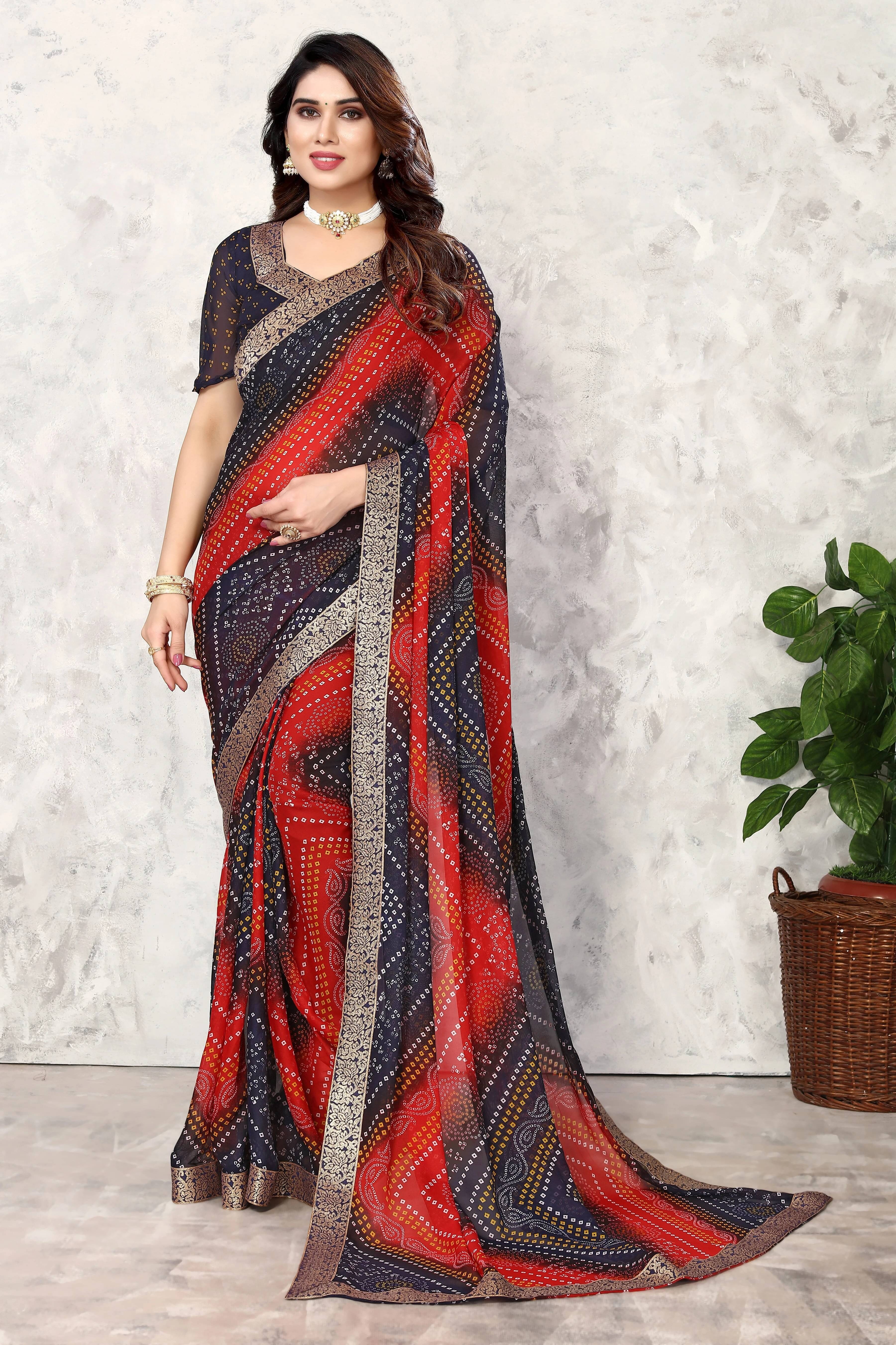     			Yashika Georgette Printed Bandhani Sarees With Unstitched Blouse Piece ( Multicolor )