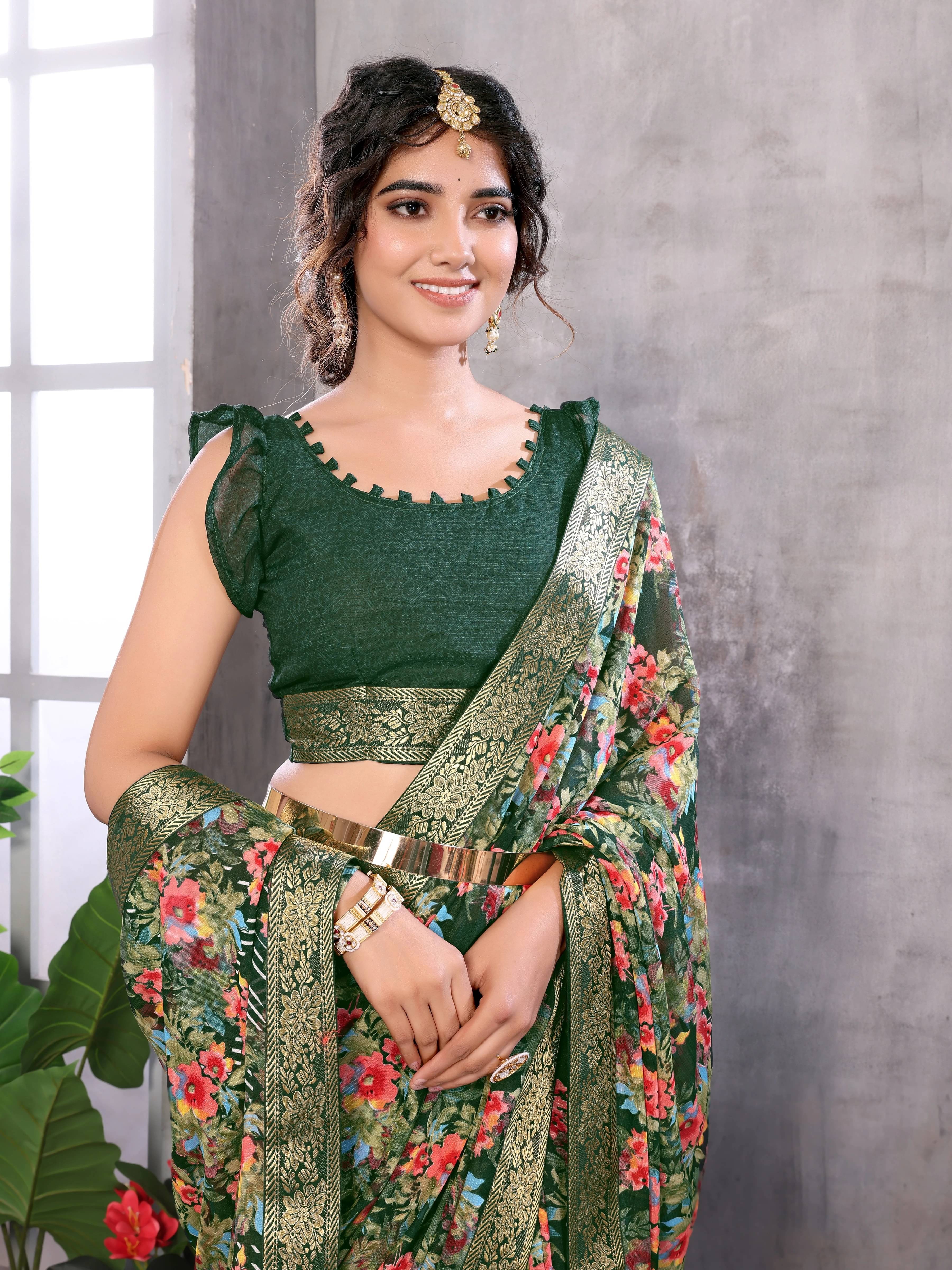     			Yashika Georgette Printed Bandhani Sarees With Unstitched Blouse Piece ( Green )