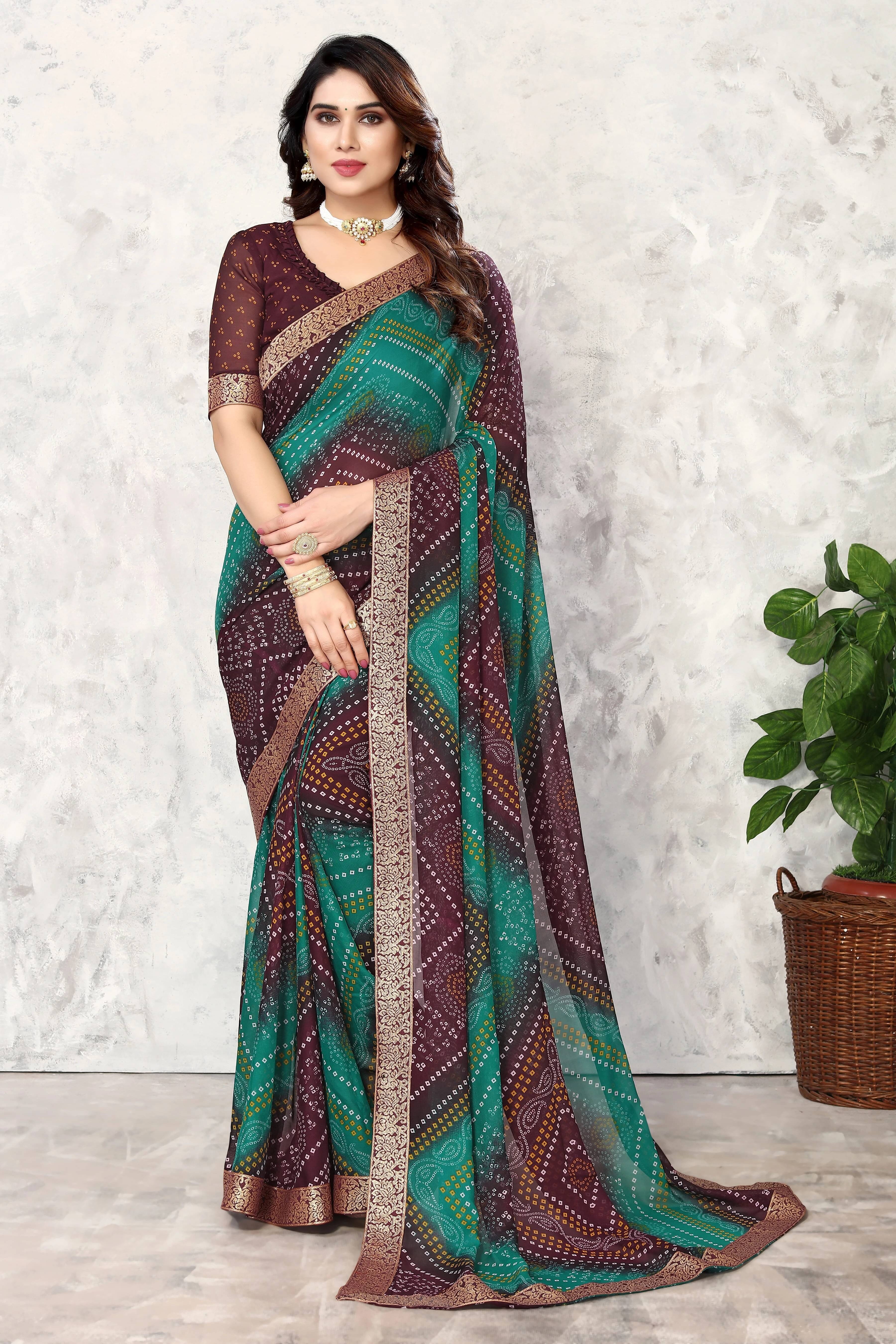 Yashika Georgette Printed Bandhani Sarees With Unstitched Blouse Piece ( Brown )     			Yashika Georgette Printed Bandhani Sarees With Unstitched Blouse Piece ( Brown )