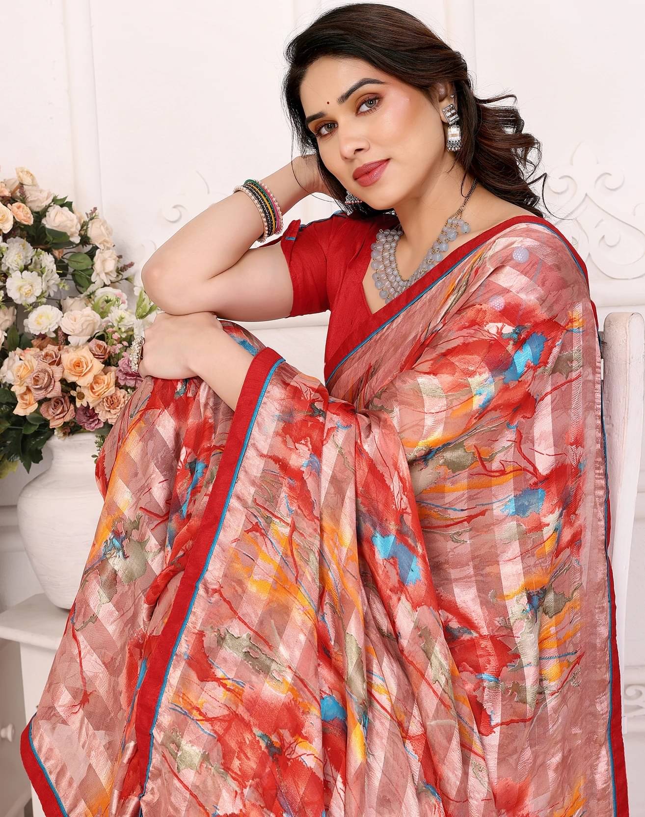     			Yashika Georgette Printed Bandhani Sarees With Unstitched Blouse Piece ( Red )