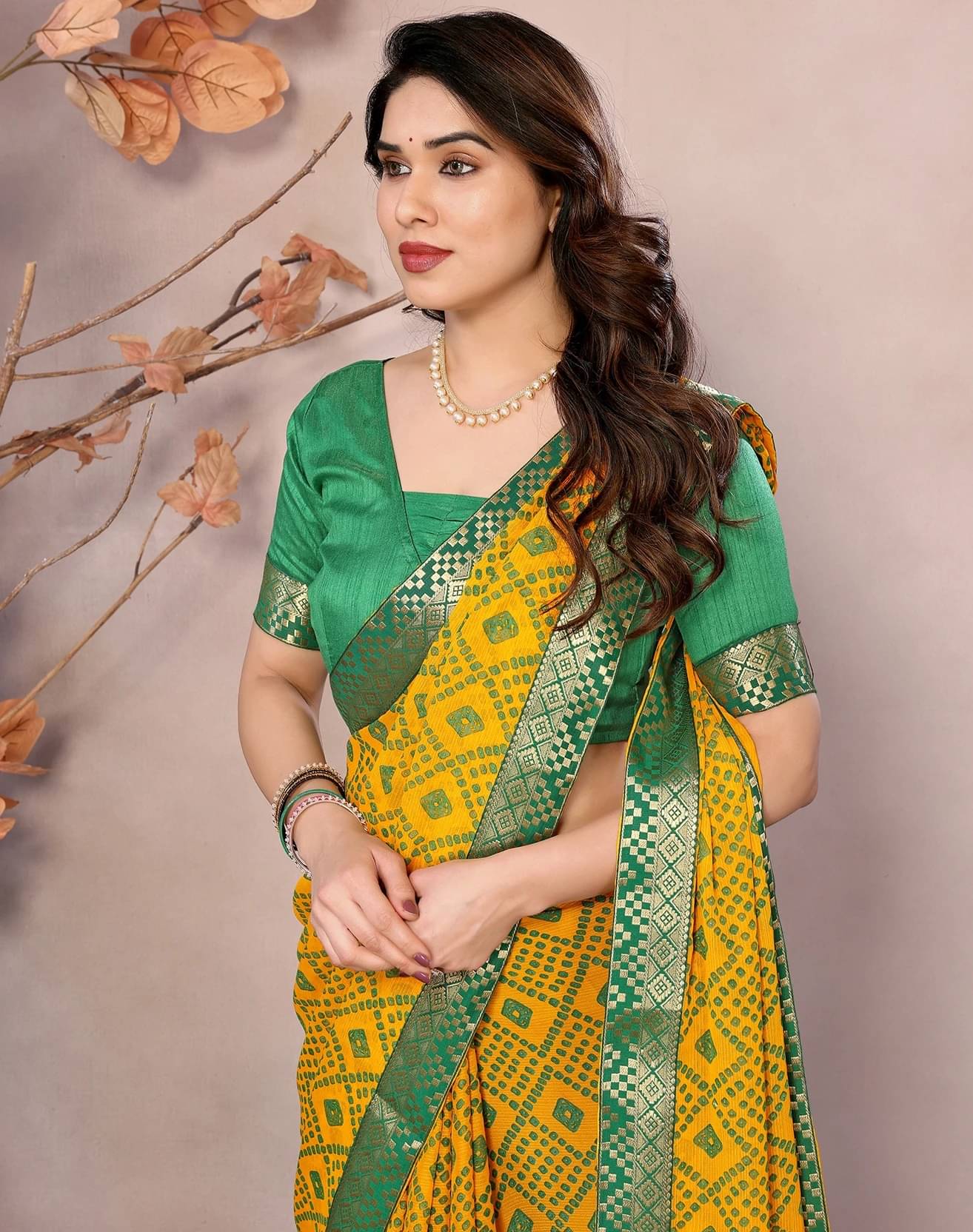     			Yashika Georgette Printed Bandhani Sarees With Unstitched Blouse Piece ( Yellow )
