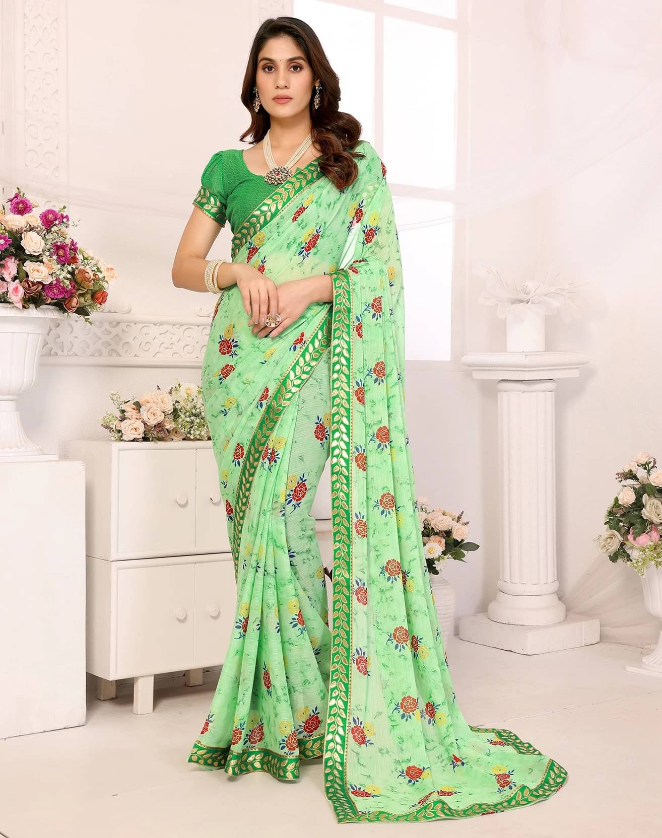     			Yashika Georgette Printed Bandhani Sarees With Unstitched Blouse Piece ( Green )