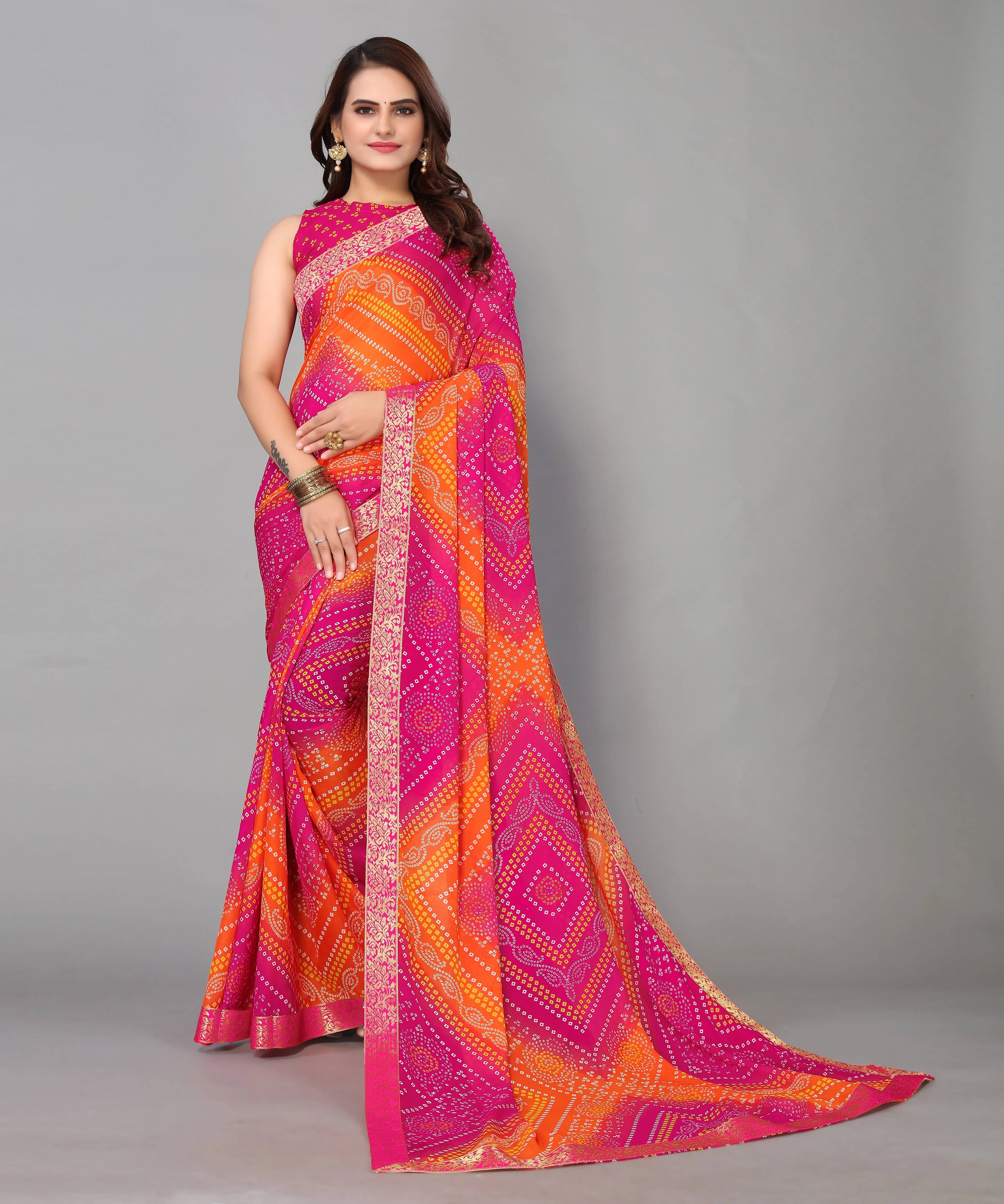     			Yashika Georgette Printed Bandhani Sarees With Unstitched Blouse Piece ( Pink )