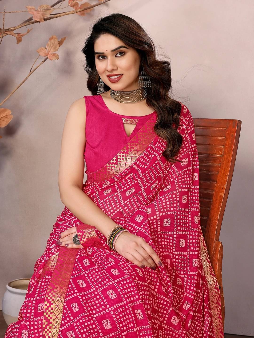     			Yashika Georgette Printed Bandhani Sarees With Unstitched Blouse Piece ( Pink )
