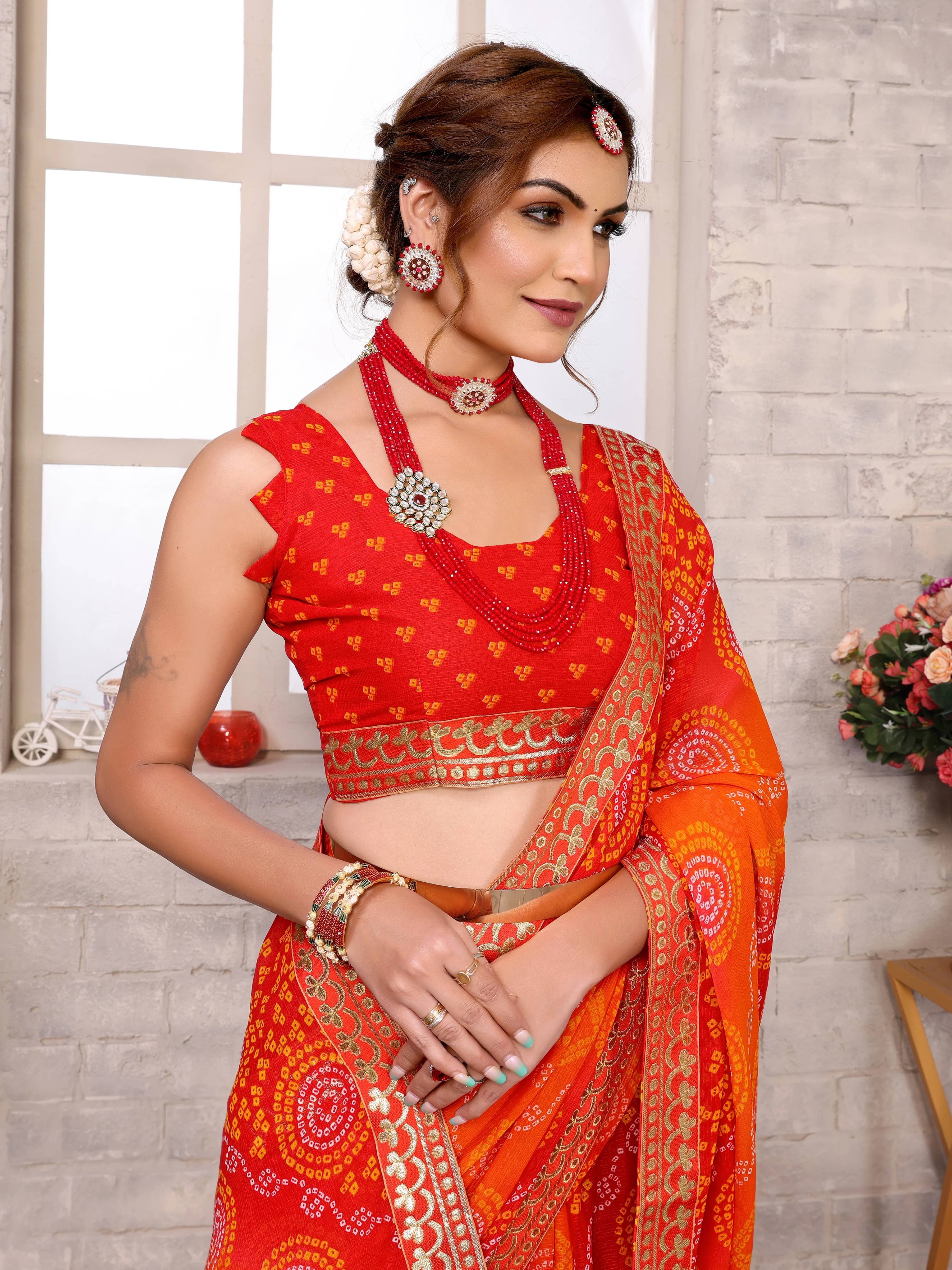     			Yashika Georgette Printed Bandhani Sarees With Unstitched Blouse Piece ( Red )