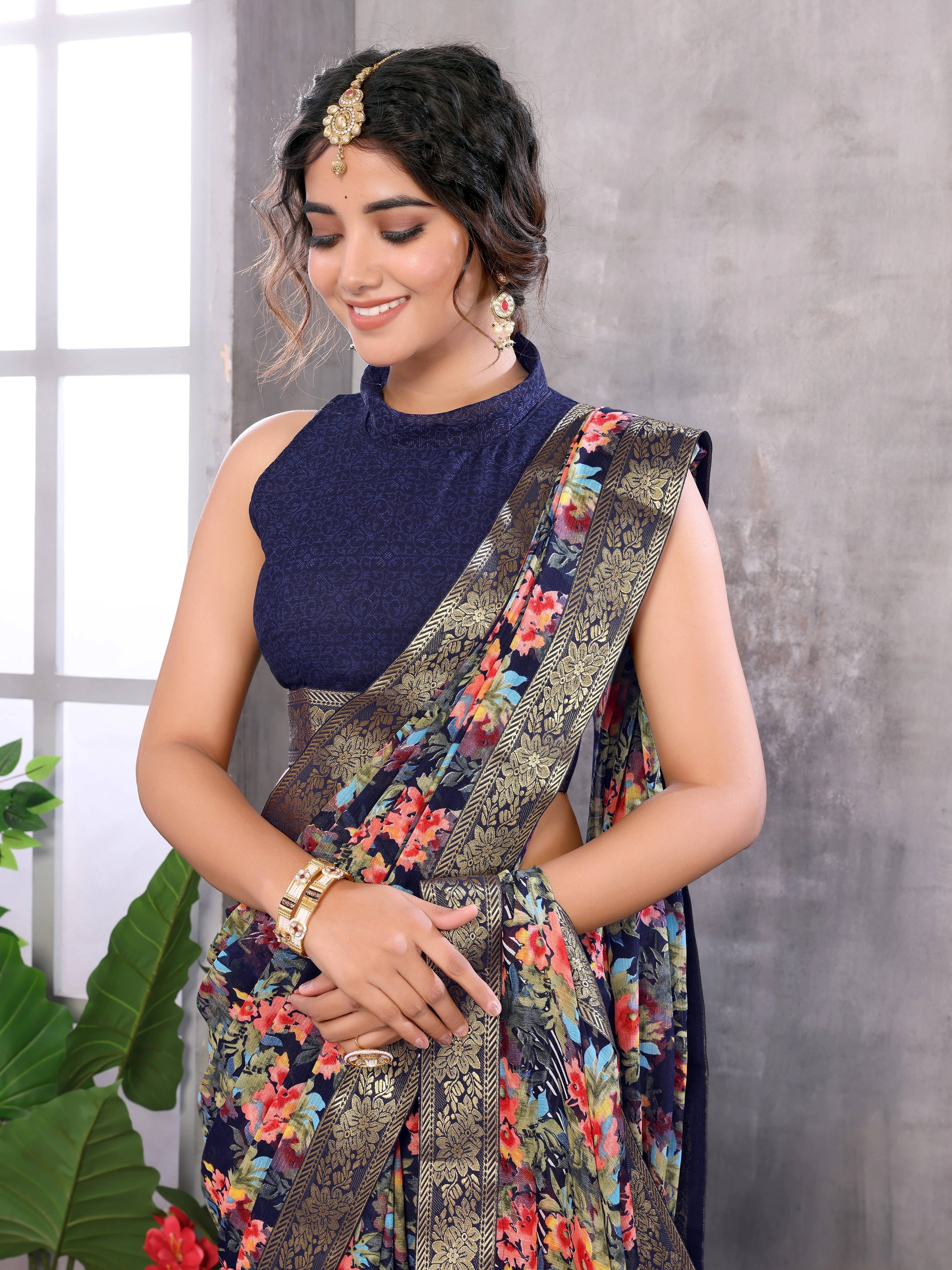 Yashika Georgette Printed Bandhani Sarees With Unstitched Blouse Piece ( Blue ) Yashika Georgette Printed Bandhani Sarees With Unstitched Blouse Piece ( Blue )
