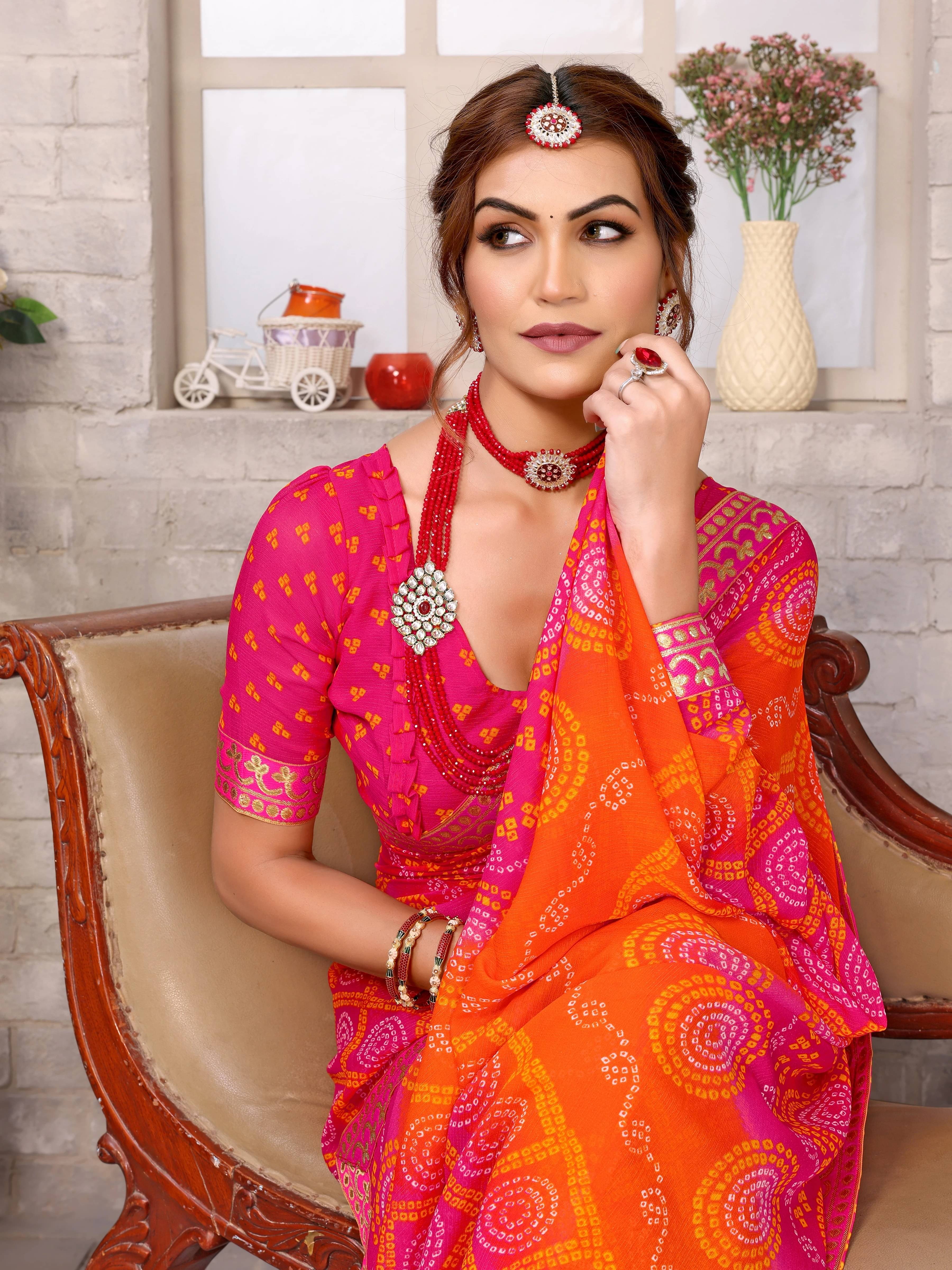 Yashika Georgette Printed Bandhani Sarees With Unstitched Blouse Piece ( Pink )     			Yashika Georgette Printed Bandhani Sarees With Unstitched Blouse Piece ( Pink )