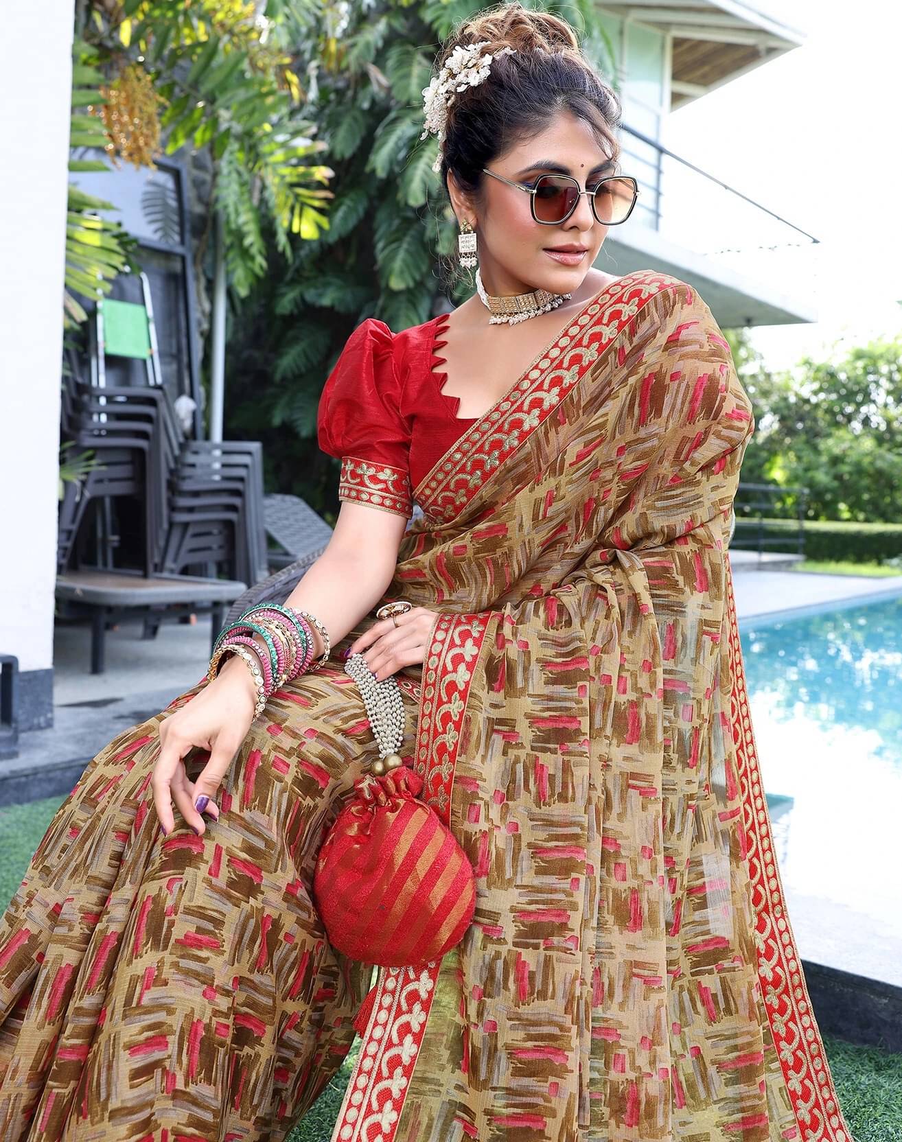     			Yashika Georgette Printed Bandhani Sarees With Unstitched Blouse Piece ( Brown )