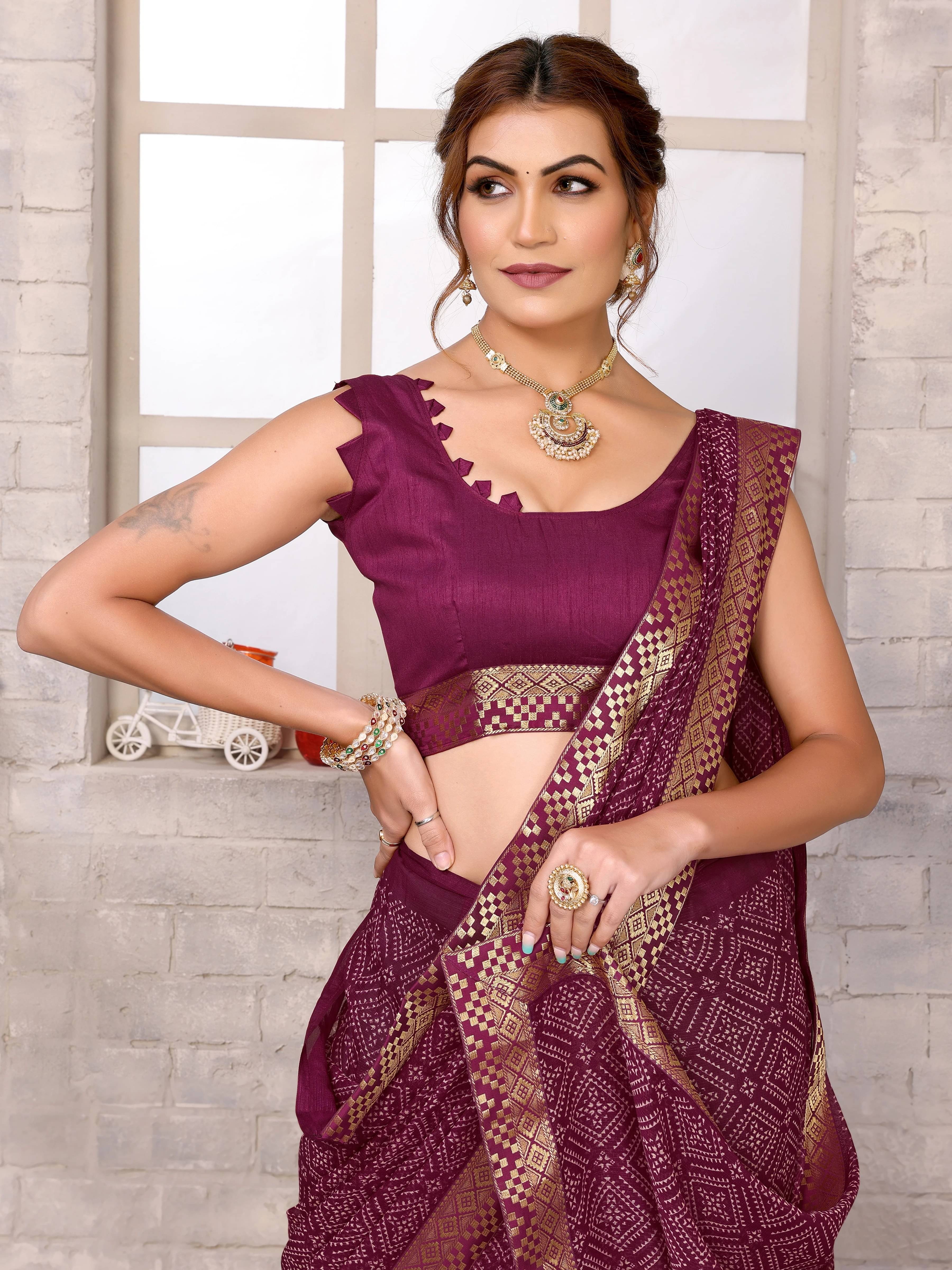 Yashika Georgette Printed Bandhani Sarees With Unstitched Blouse Piece ( Maroon ) Yashika Georgette Printed Bandhani Sarees With Unstitched Blouse Piece ( Maroon )