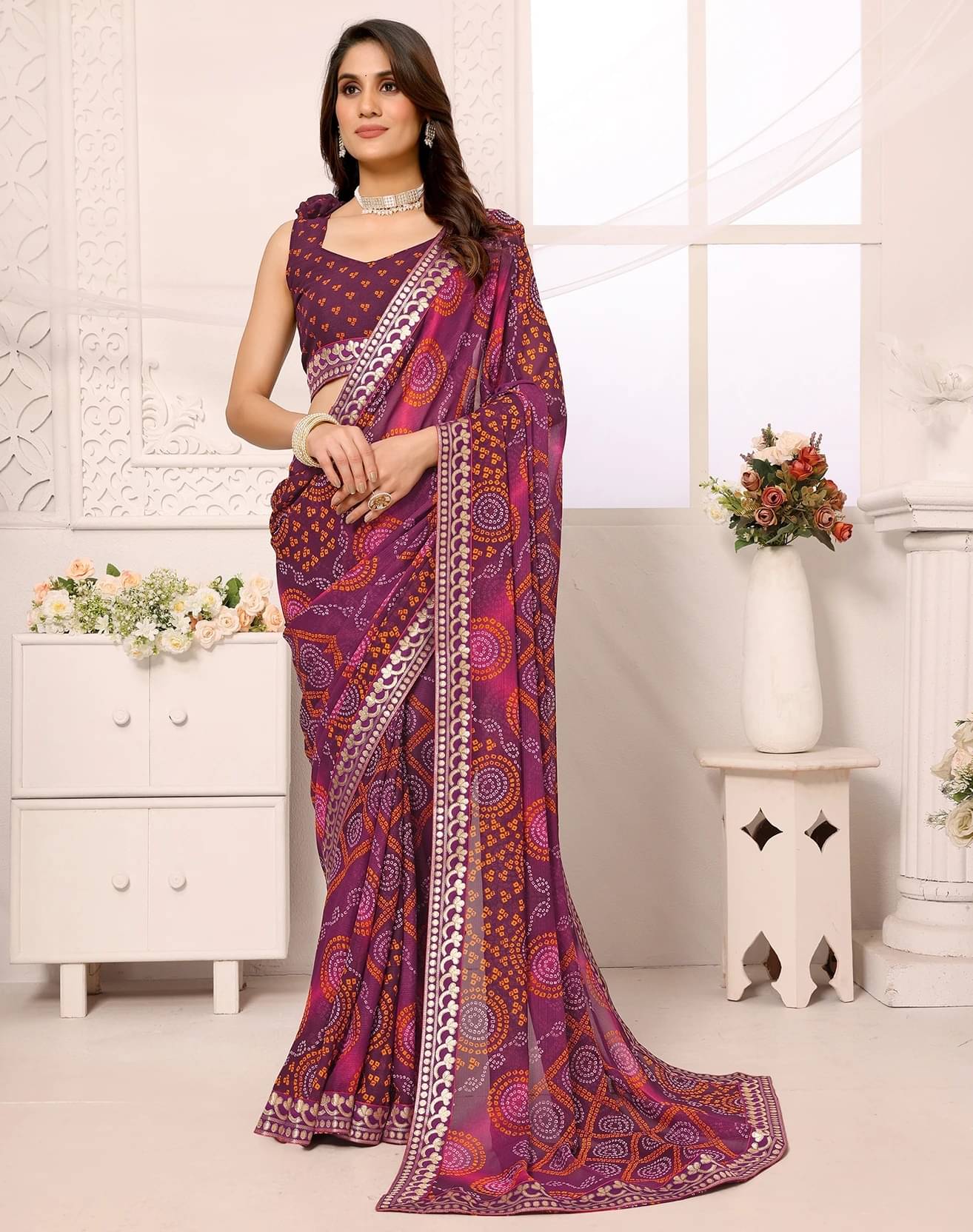     			Yashika Georgette Printed Bandhani Sarees With Unstitched Blouse Piece ( Purple )