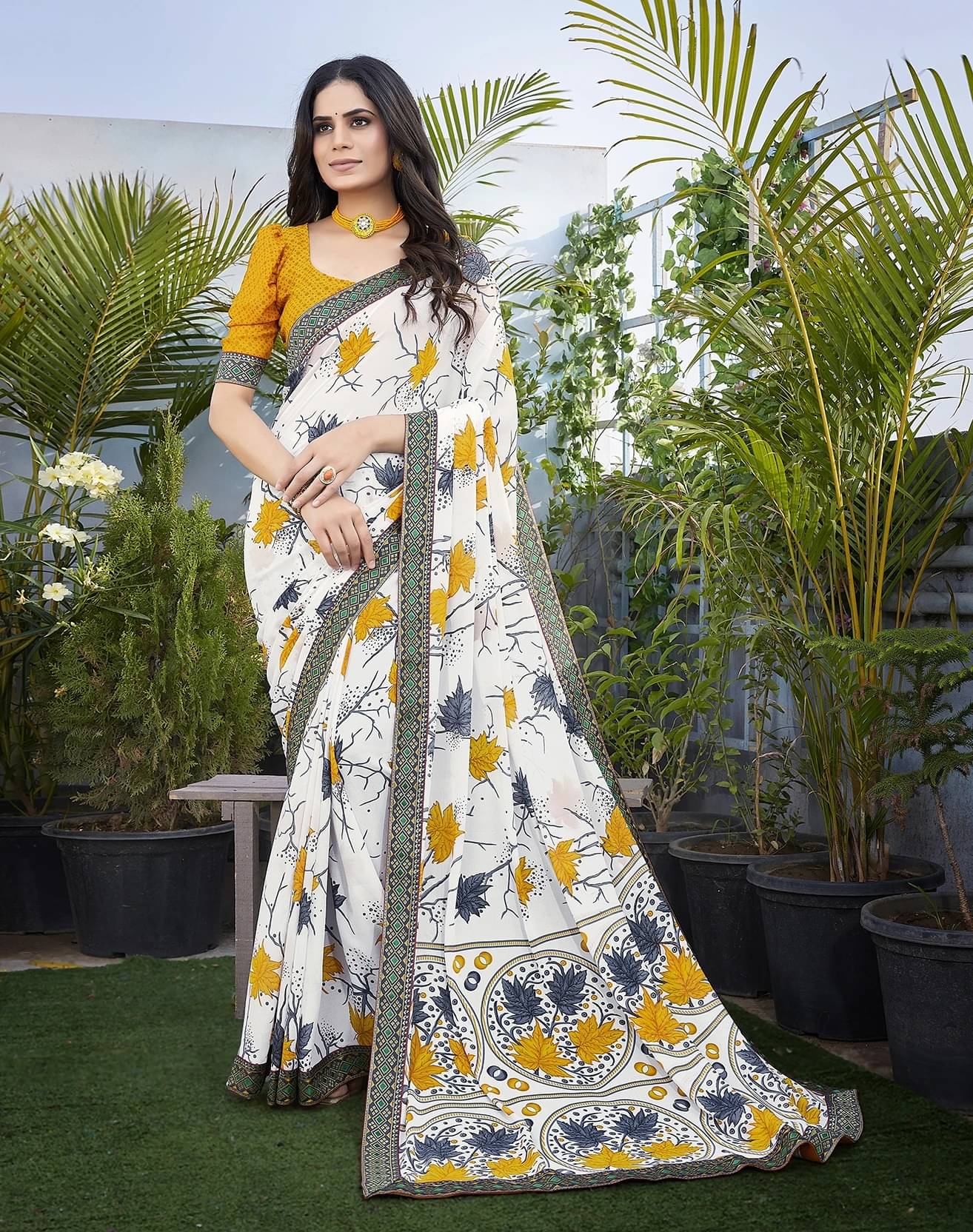     			Yashika Georgette Printed Bandhani Sarees With Unstitched Blouse Piece ( Yellow )