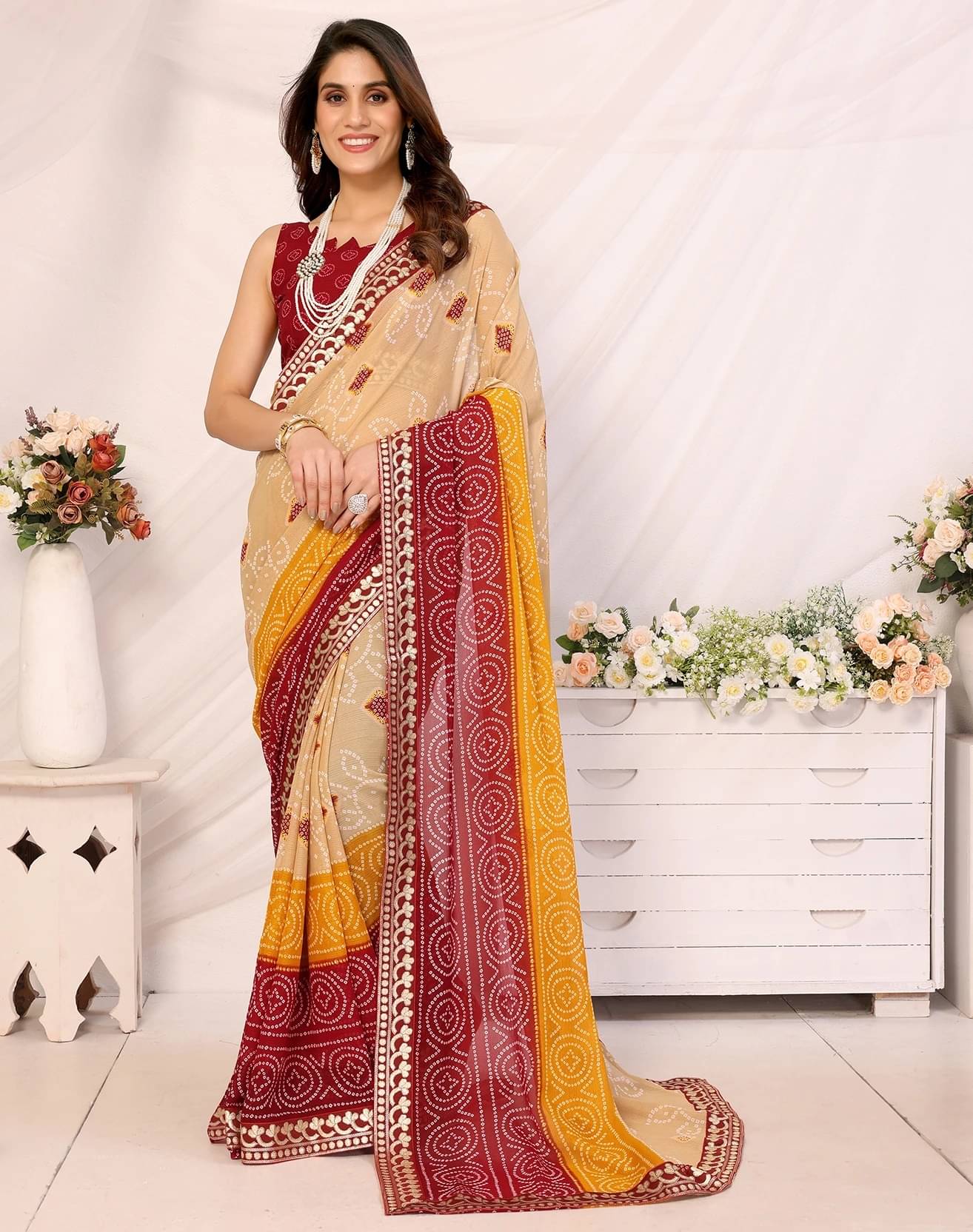     			Yashika Georgette Printed Bandhani Sarees With Unstitched Blouse Piece ( Maroon )