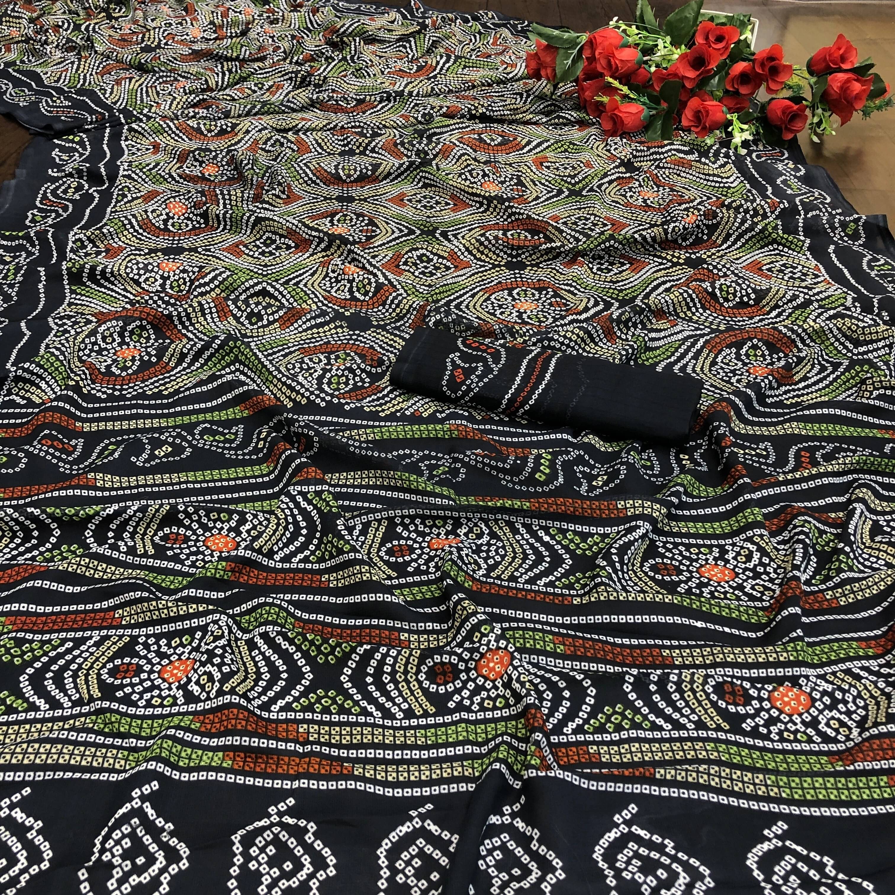     			Yashika Georgette Printed Bandhani Sarees With Unstitched Blouse Piece ( Black )