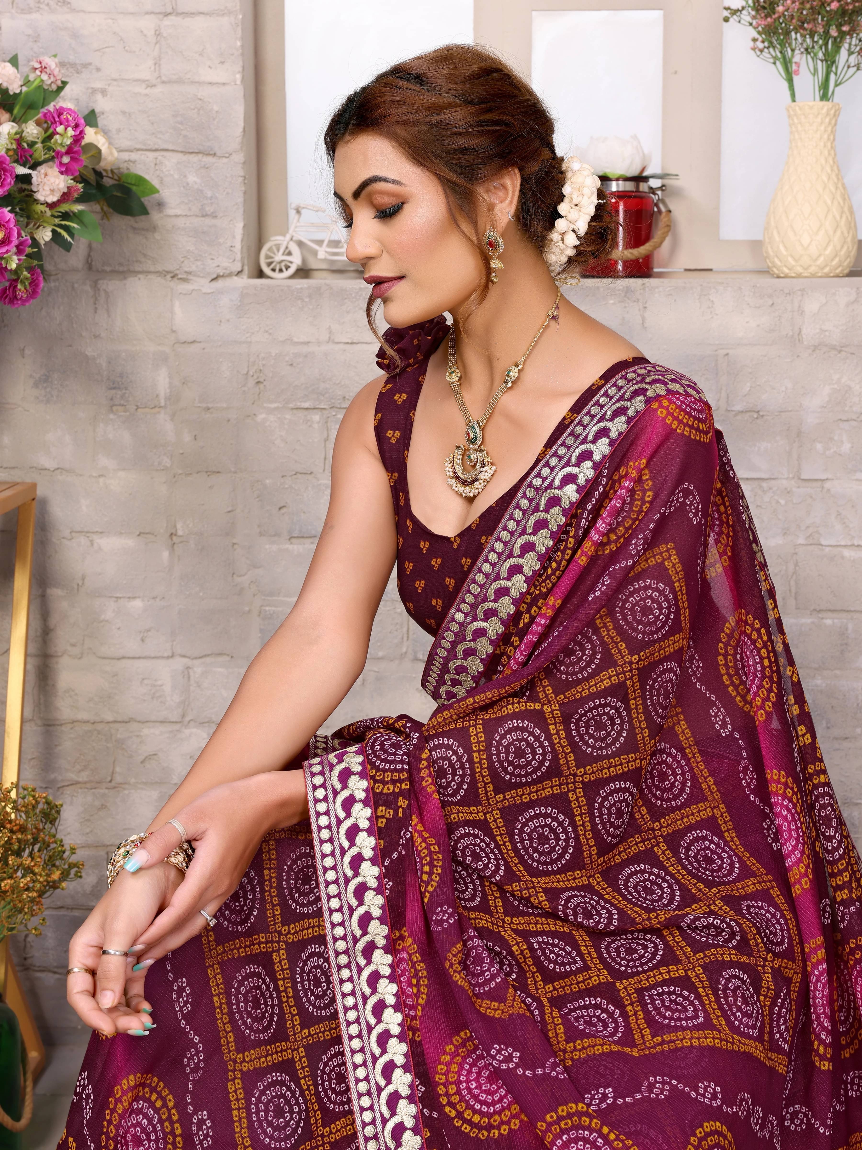    			Yashika Georgette Printed Bandhani Sarees With Unstitched Blouse Piece ( Purple )