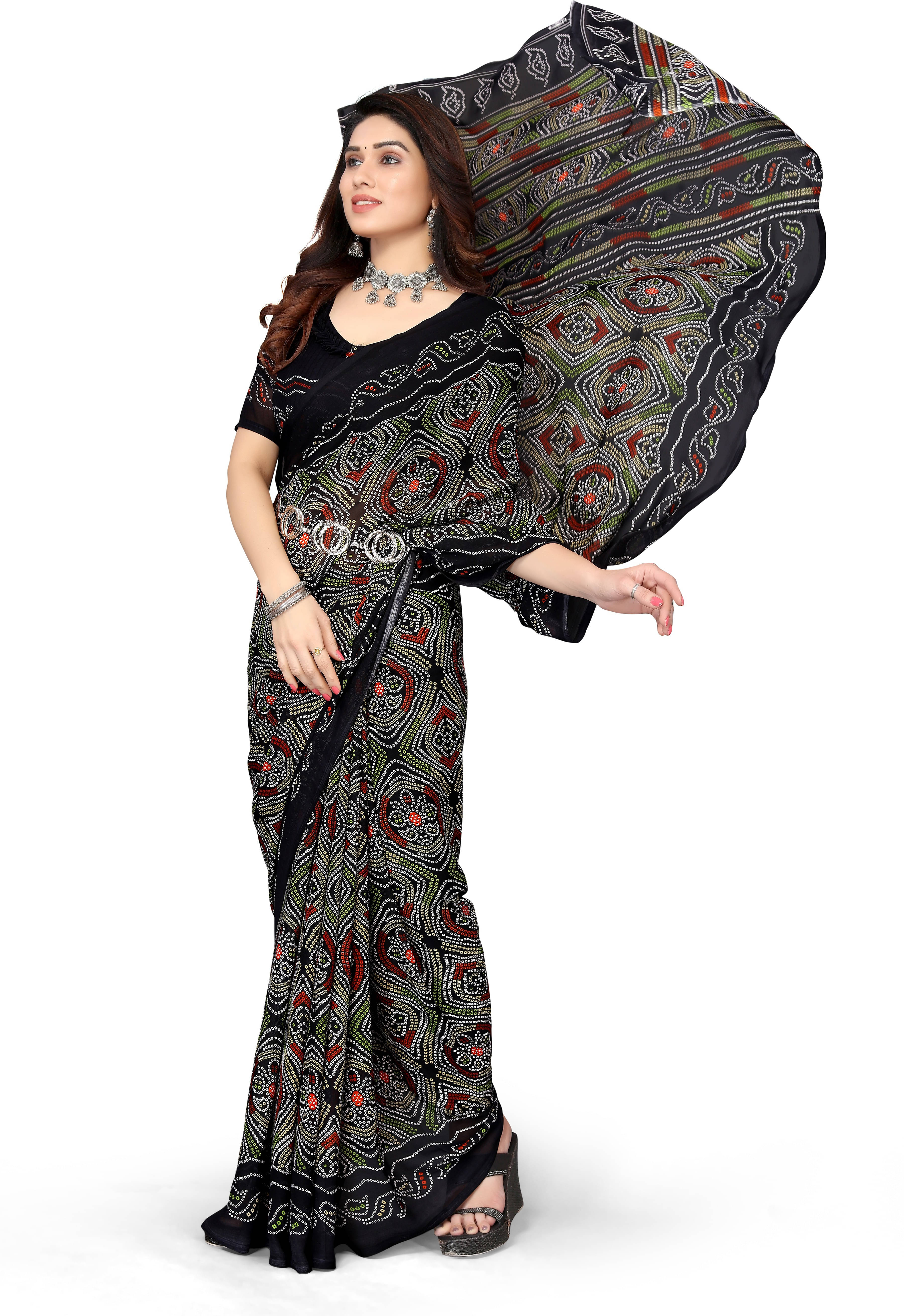 Yashika Georgette Printed Bandhani Sarees With Unstitched Blouse Piece ( Black ) Yashika Georgette Printed Bandhani Sarees With Unstitched Blouse Piece ( Black )