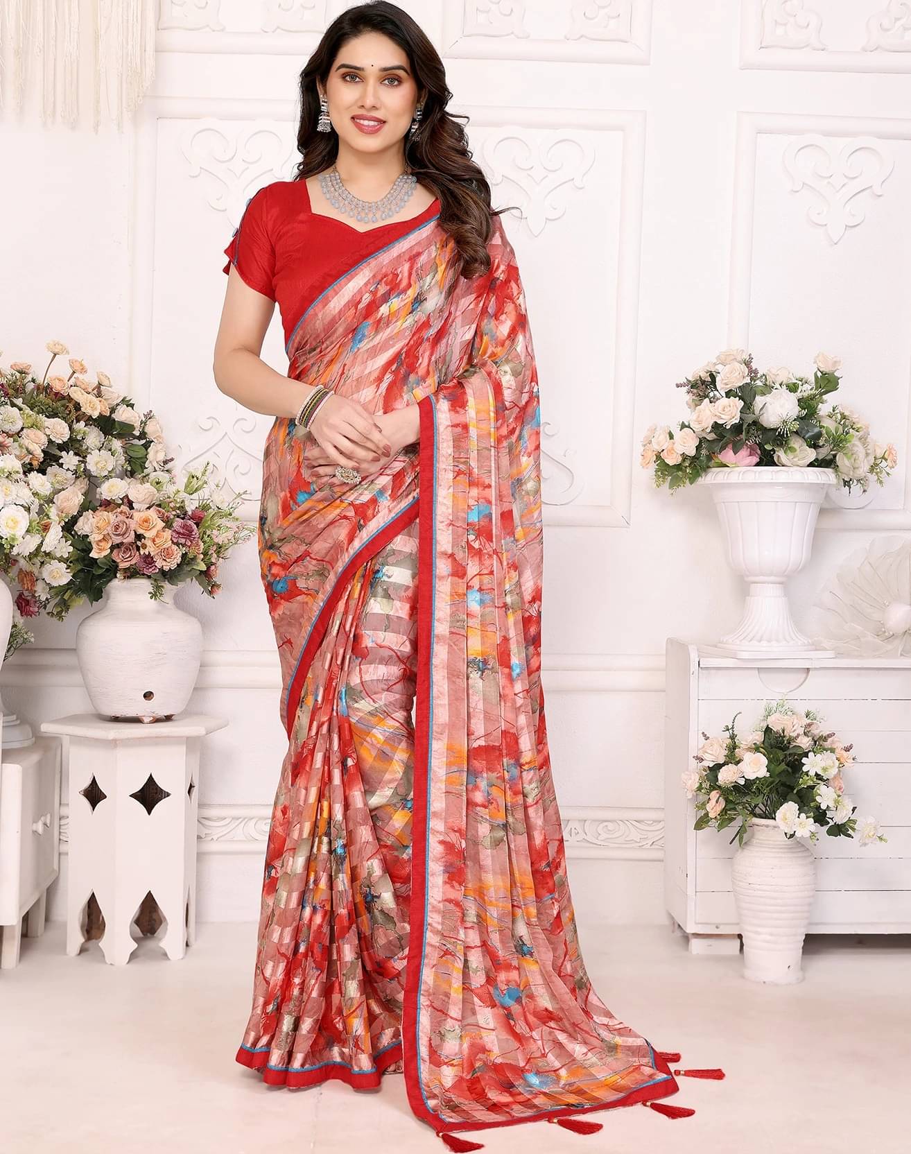     			Yashika Georgette Printed Bandhani Sarees With Unstitched Blouse Piece ( Red )