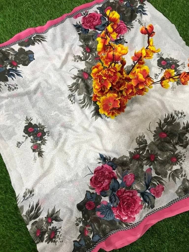     			Yashika Georgette Printed Bandhani Sarees With Unstitched Blouse Piece ( White )