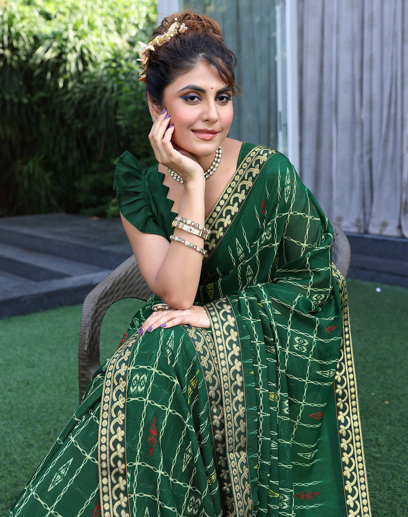     			Yashika Georgette Printed Bandhani Sarees With Unstitched Blouse Piece ( Green )