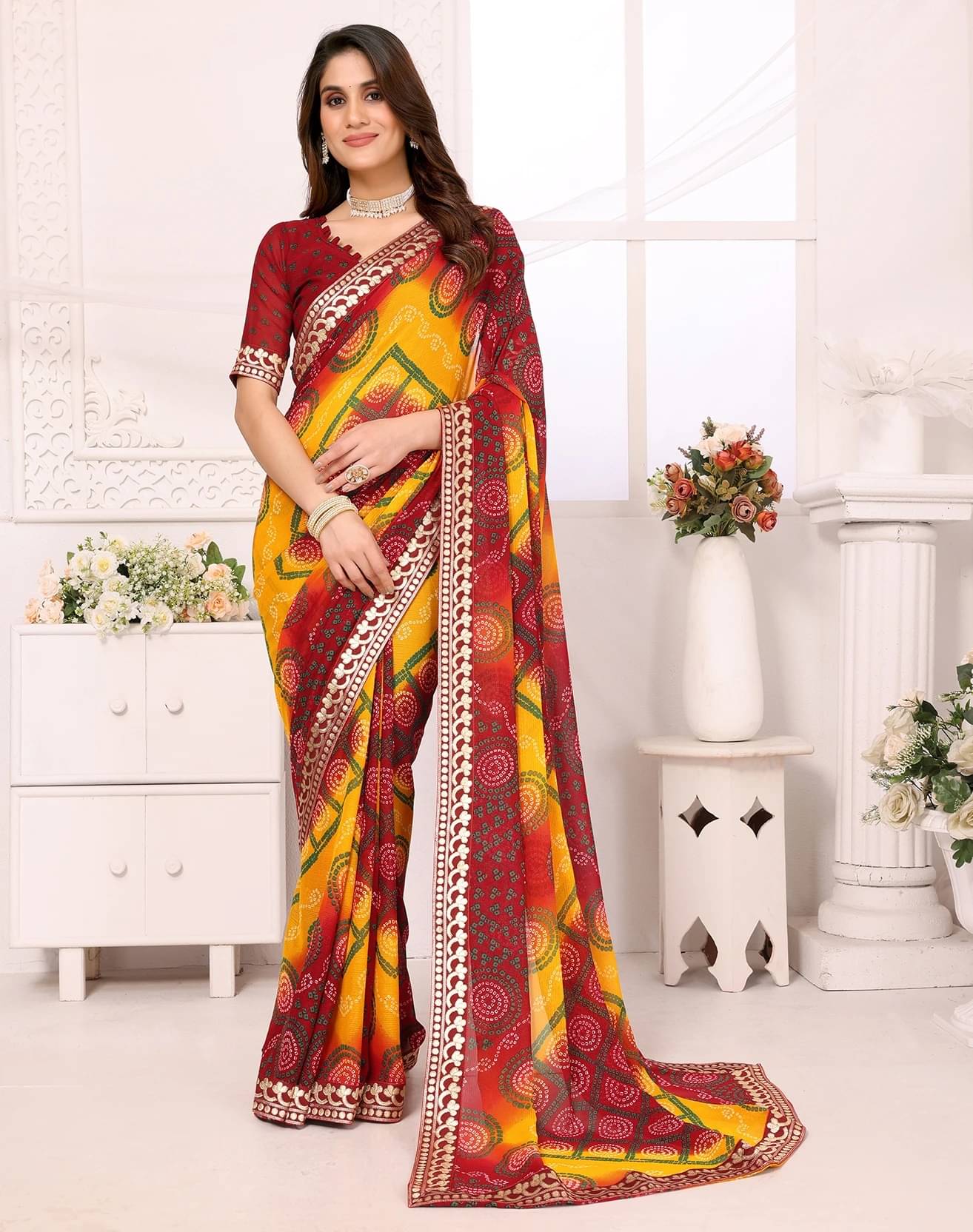     			Yashika Georgette Printed Bandhani Sarees With Unstitched Blouse Piece ( Maroon )
