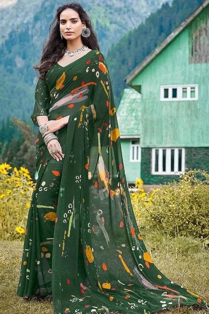     			Yashika Georgette Printed Regular Saree With Unstitched Blouse Piece ( Green )
