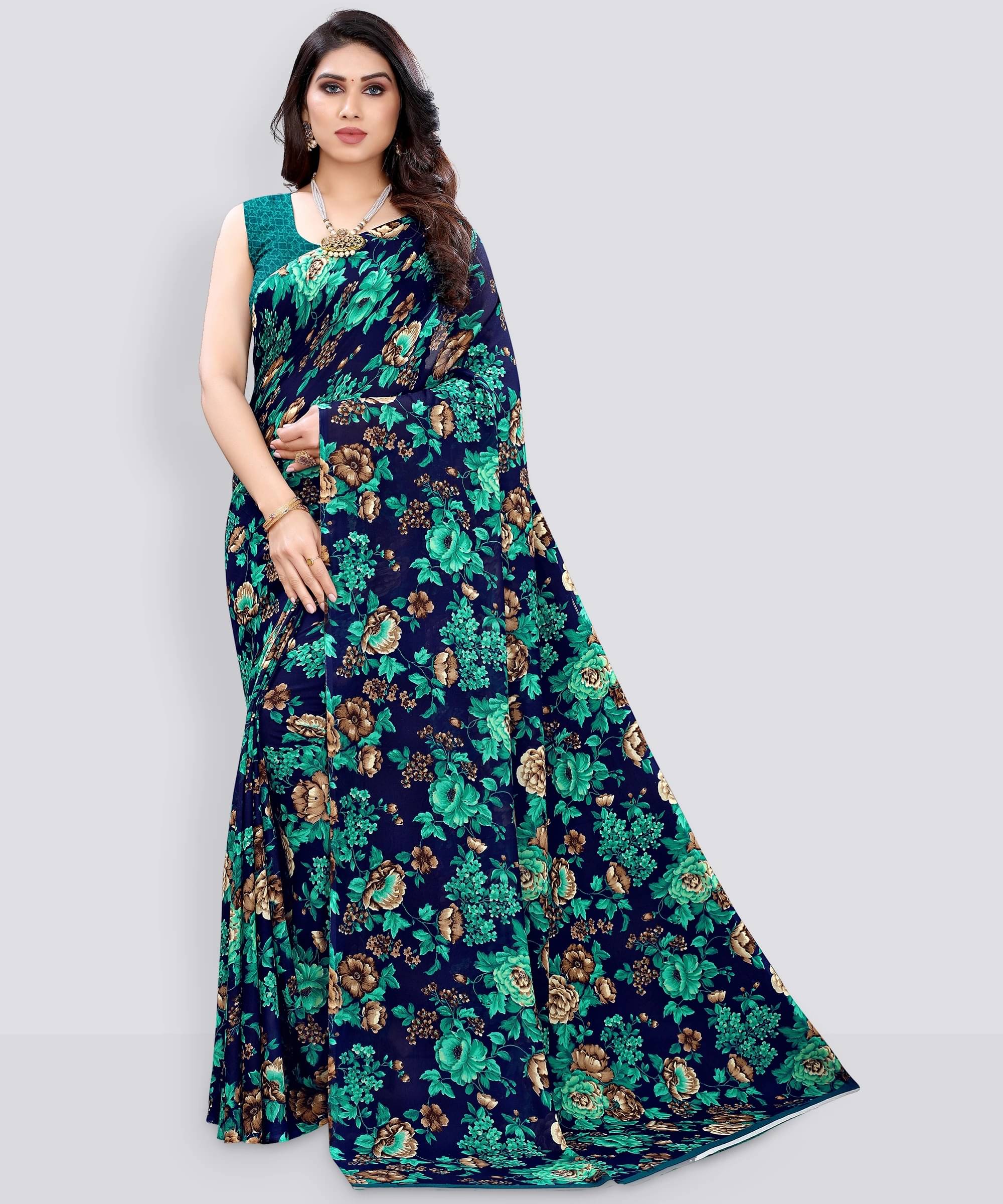 Yashika Georgette Printed Regular Saree With Unstitched Blouse Piece ( Blue ) Yashika Georgette Printed Regular Saree With Unstitched Blouse Piece ( Blue )