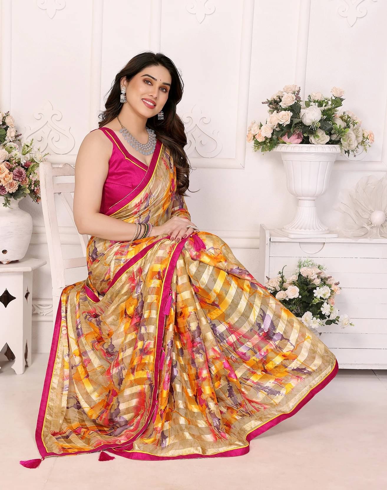     			Yashika Georgette Printed Regular Saree With Unstitched Blouse Piece ( Yellow )