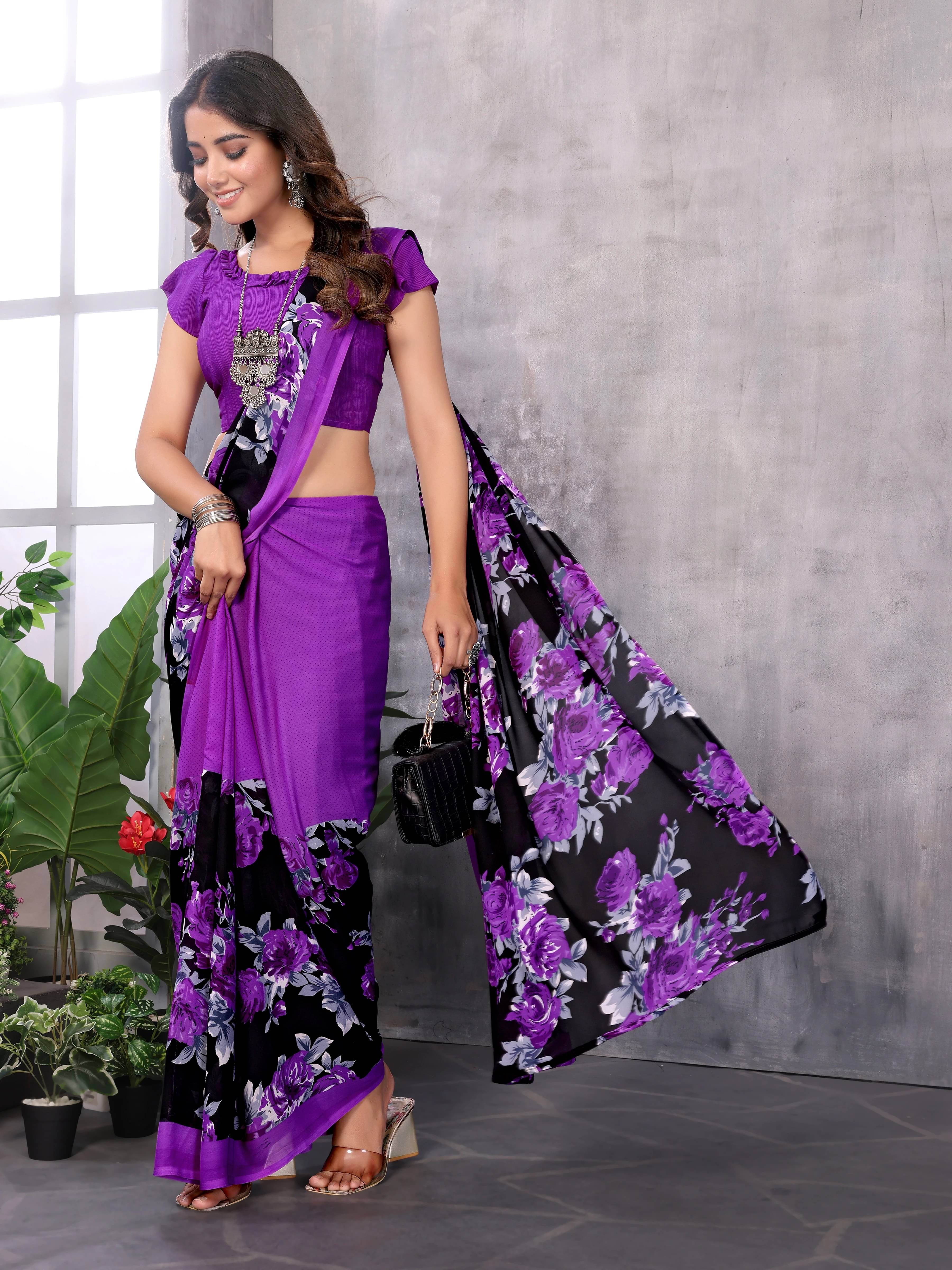     			Yashika Georgette Printed Regular Saree With Unstitched Blouse Piece ( Purple )