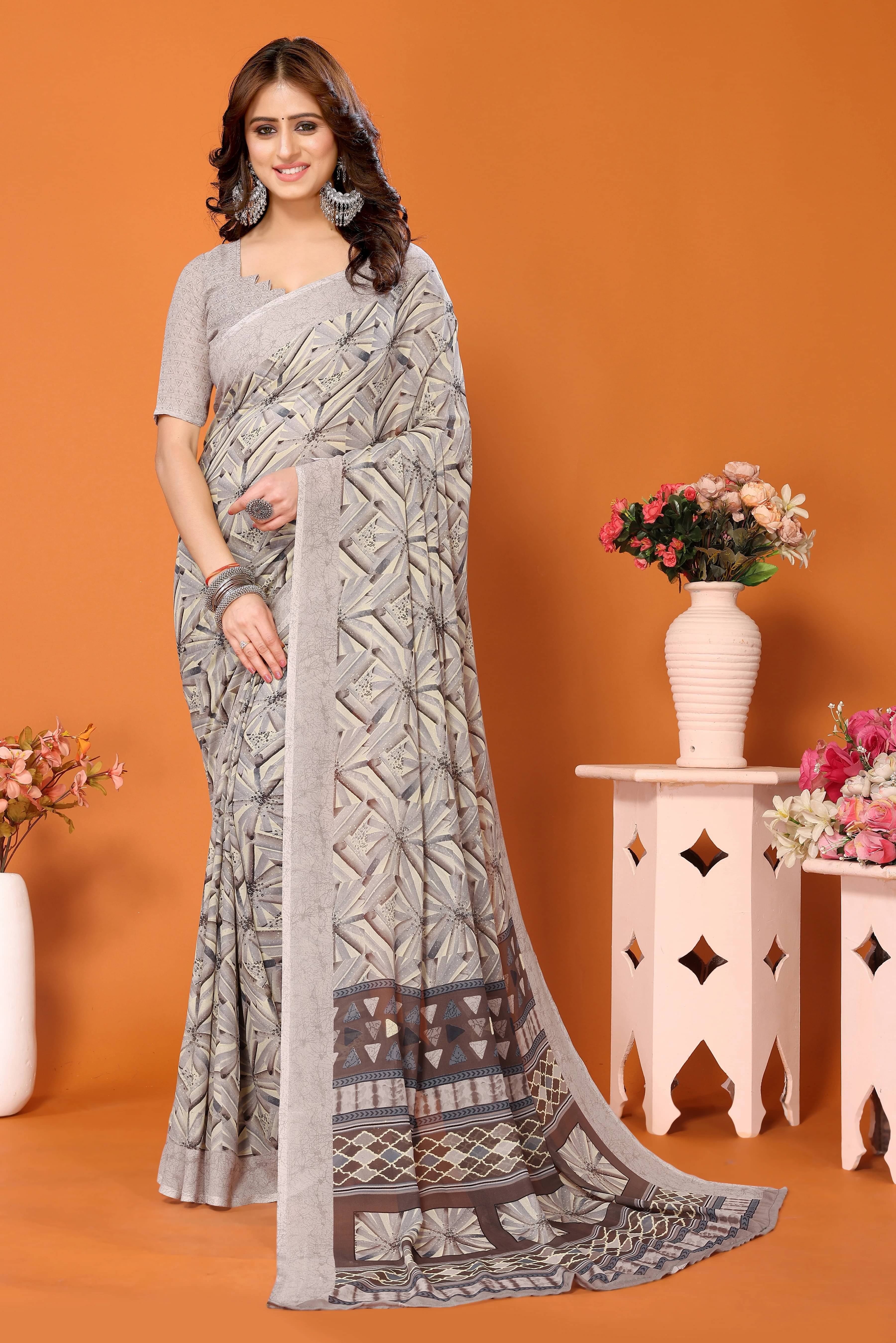 Yashika Georgette Printed Regular Saree With Unstitched Blouse Piece ( Brown )     			Yashika Georgette Printed Regular Saree With Unstitched Blouse Piece ( Brown )