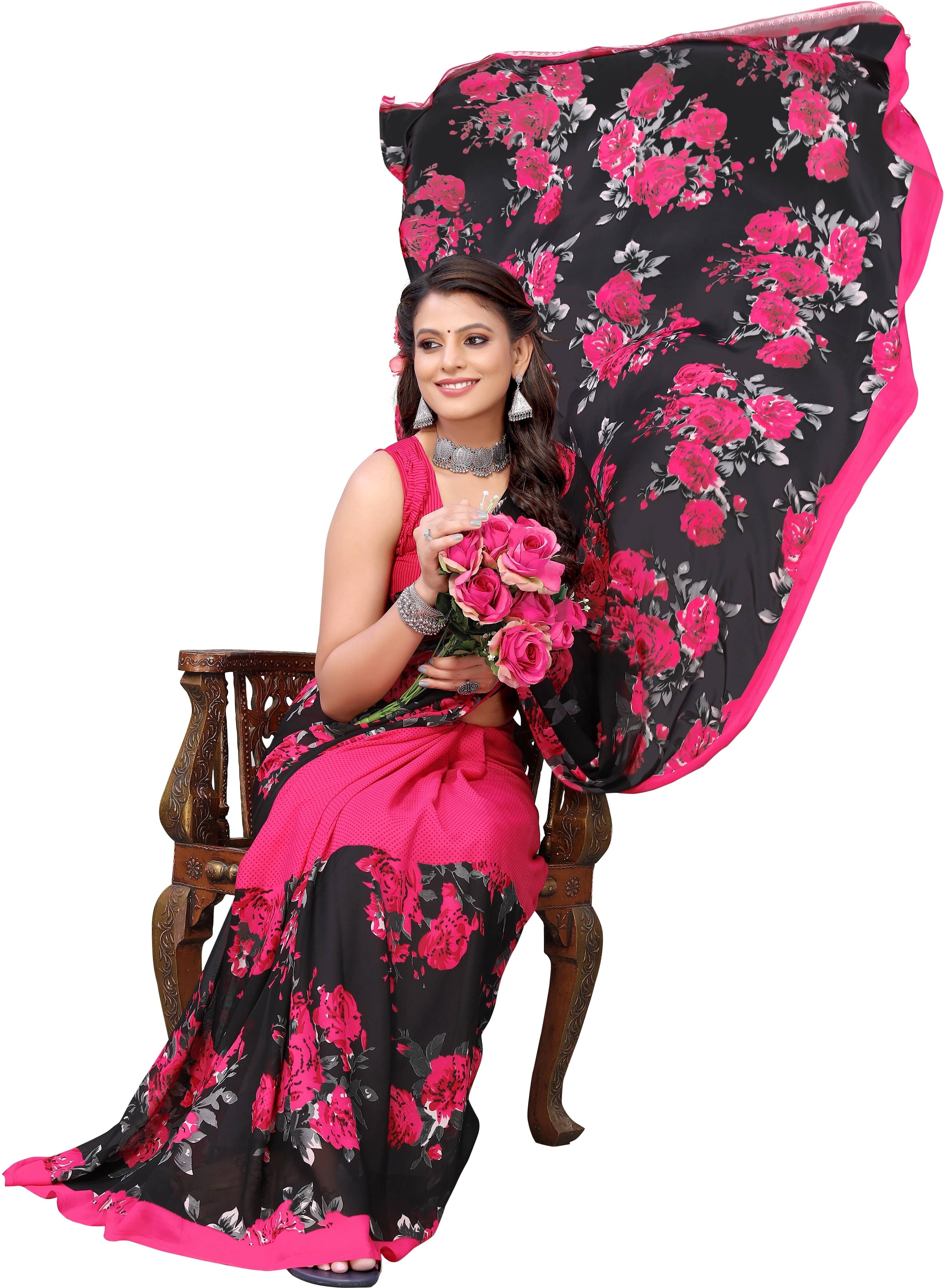Yashika Georgette Printed Regular Saree With Unstitched Blouse Piece ( Pink ) Yashika Georgette Printed Regular Saree With Unstitched Blouse Piece ( Pink )