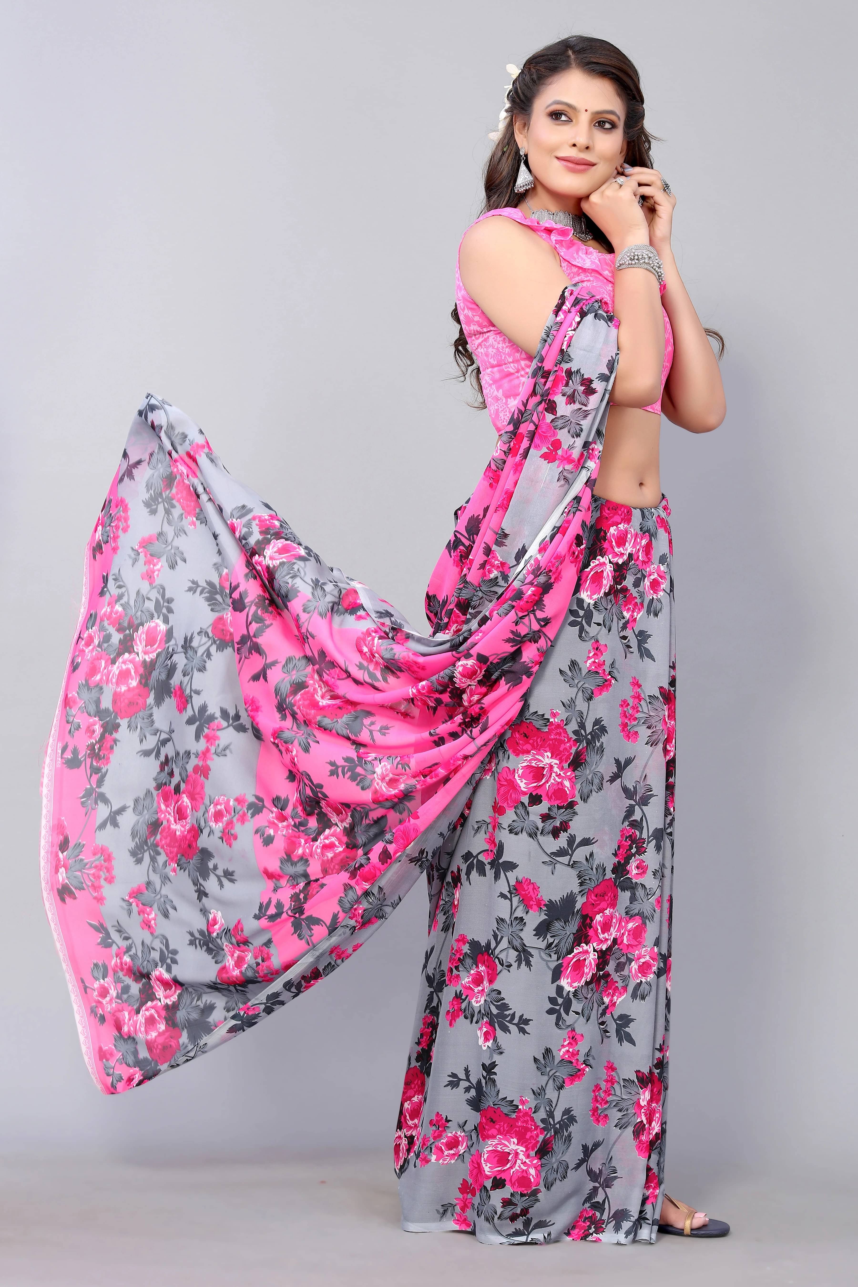 Yashika Georgette Printed Regular Saree With Unstitched Blouse Piece ( Pink ) Yashika Georgette Printed Regular Saree With Unstitched Blouse Piece ( Pink )