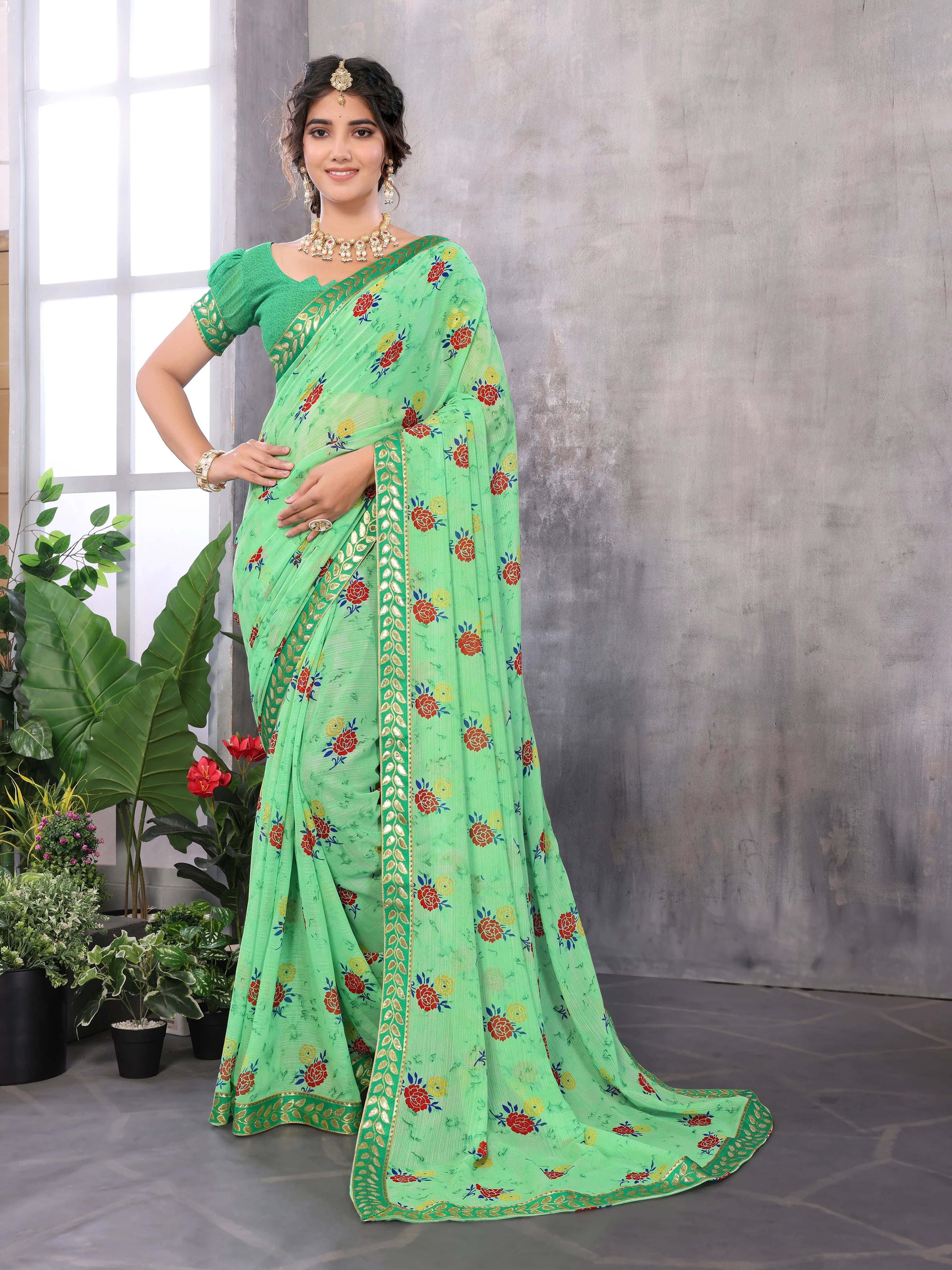 Yashika Georgette Printed Regular Saree With Unstitched Blouse Piece ( Green )     			Yashika Georgette Printed Regular Saree With Unstitched Blouse Piece ( Green )