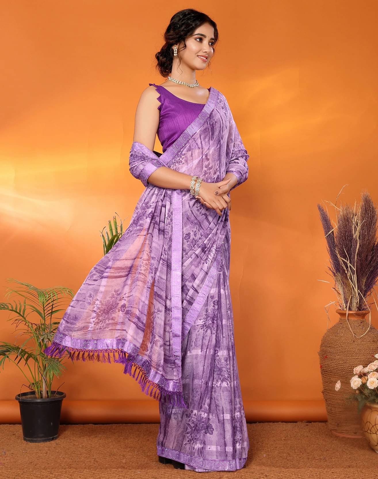     			Yashika Georgette Printed Regular Saree With Unstitched Blouse Piece ( Purple )