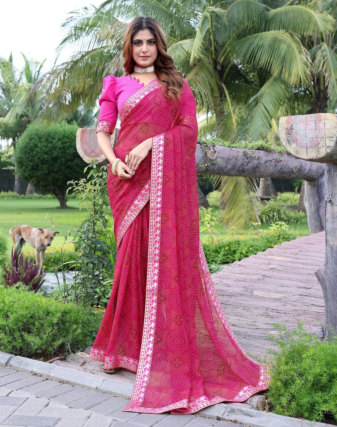 Yashika Georgette Printed Regular Saree With Unstitched Blouse Piece ( Pink ) Yashika Georgette Printed Regular Saree With Unstitched Blouse Piece ( Pink )
