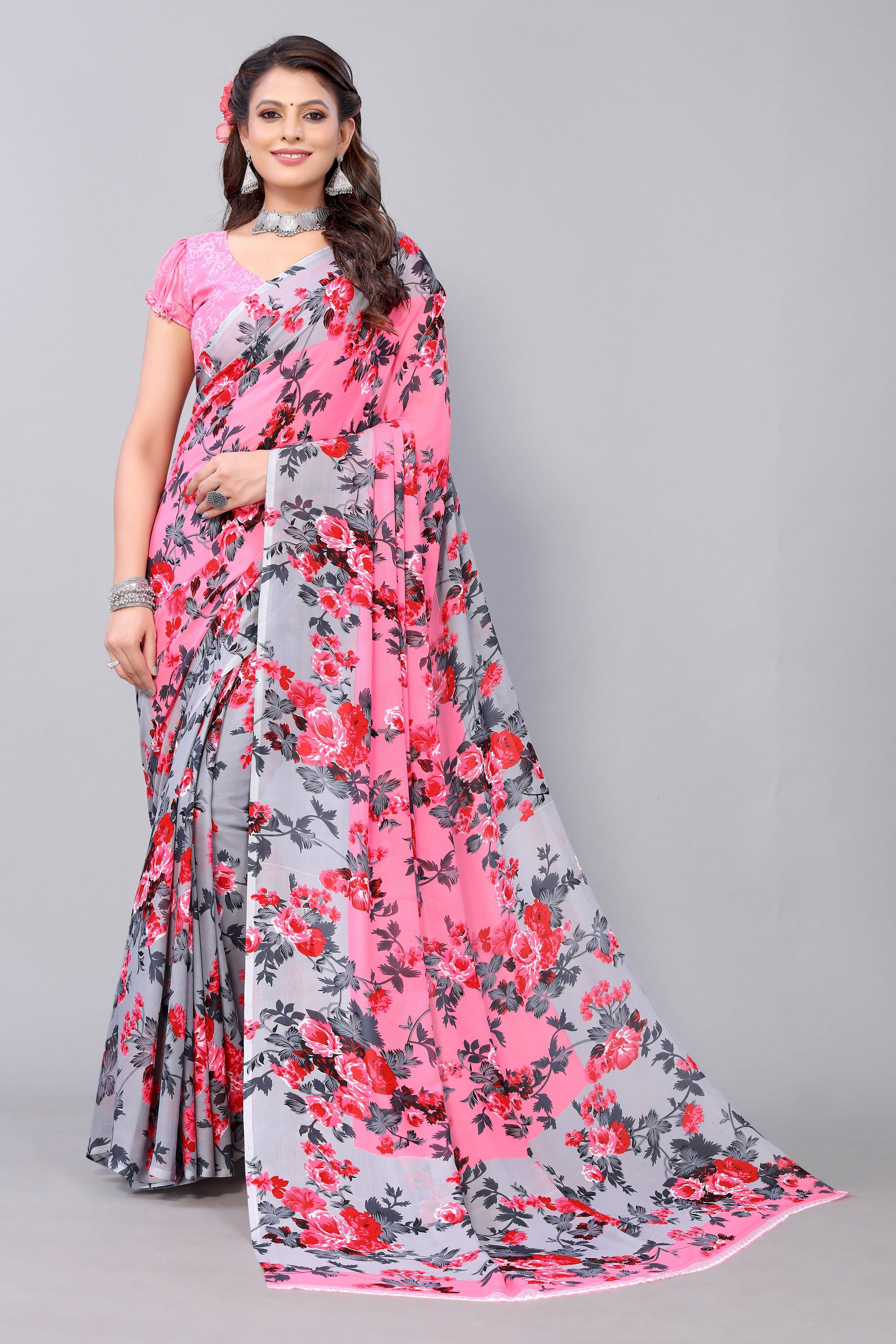 Yashika Georgette Printed Regular Saree With Unstitched Blouse Piece ( Pink ) Yashika Georgette Printed Regular Saree With Unstitched Blouse Piece ( Pink )