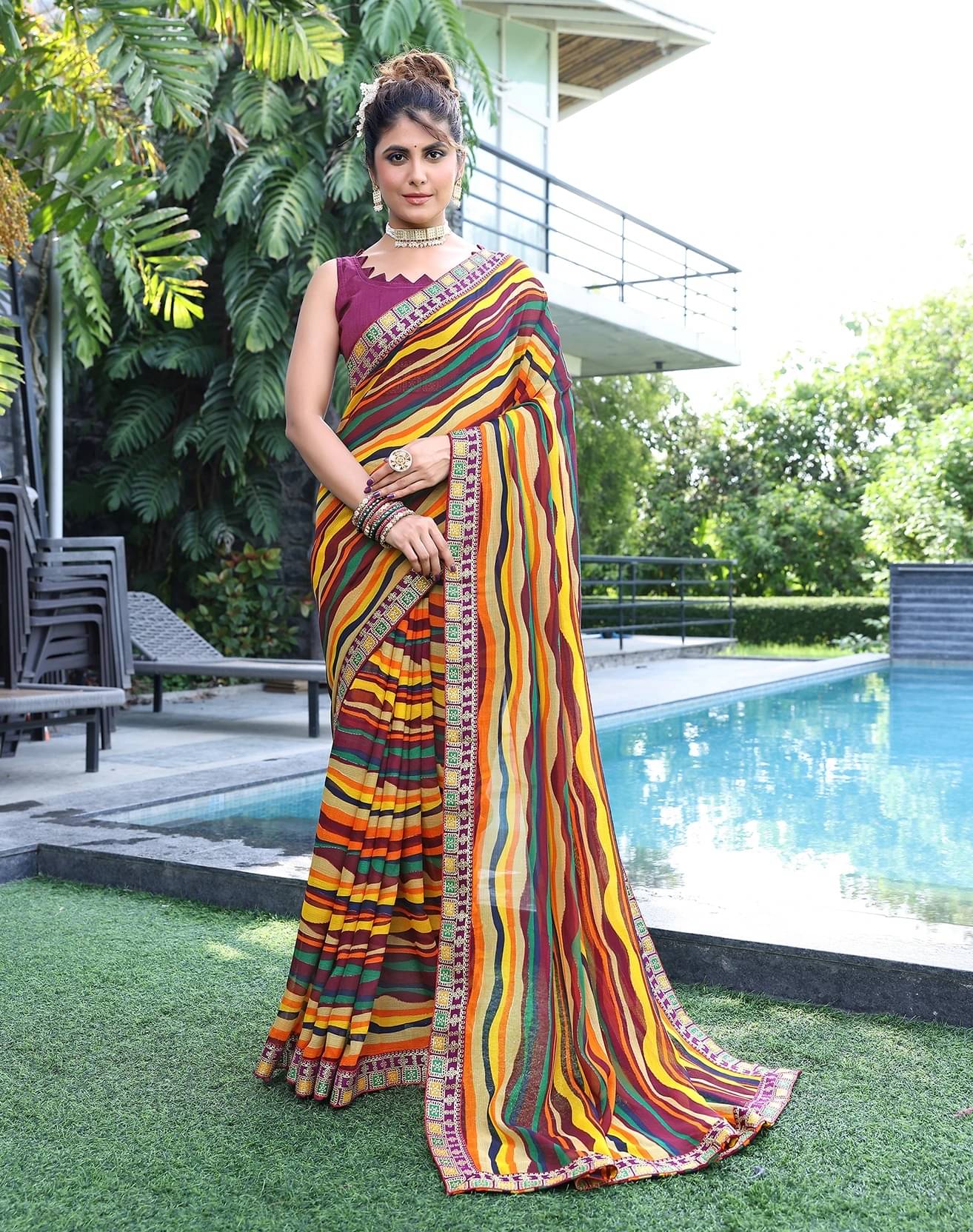 Yashika Georgette Printed Regular Saree With Unstitched Blouse Piece ( Purple ) Yashika Georgette Printed Regular Saree With Unstitched Blouse Piece ( Purple )