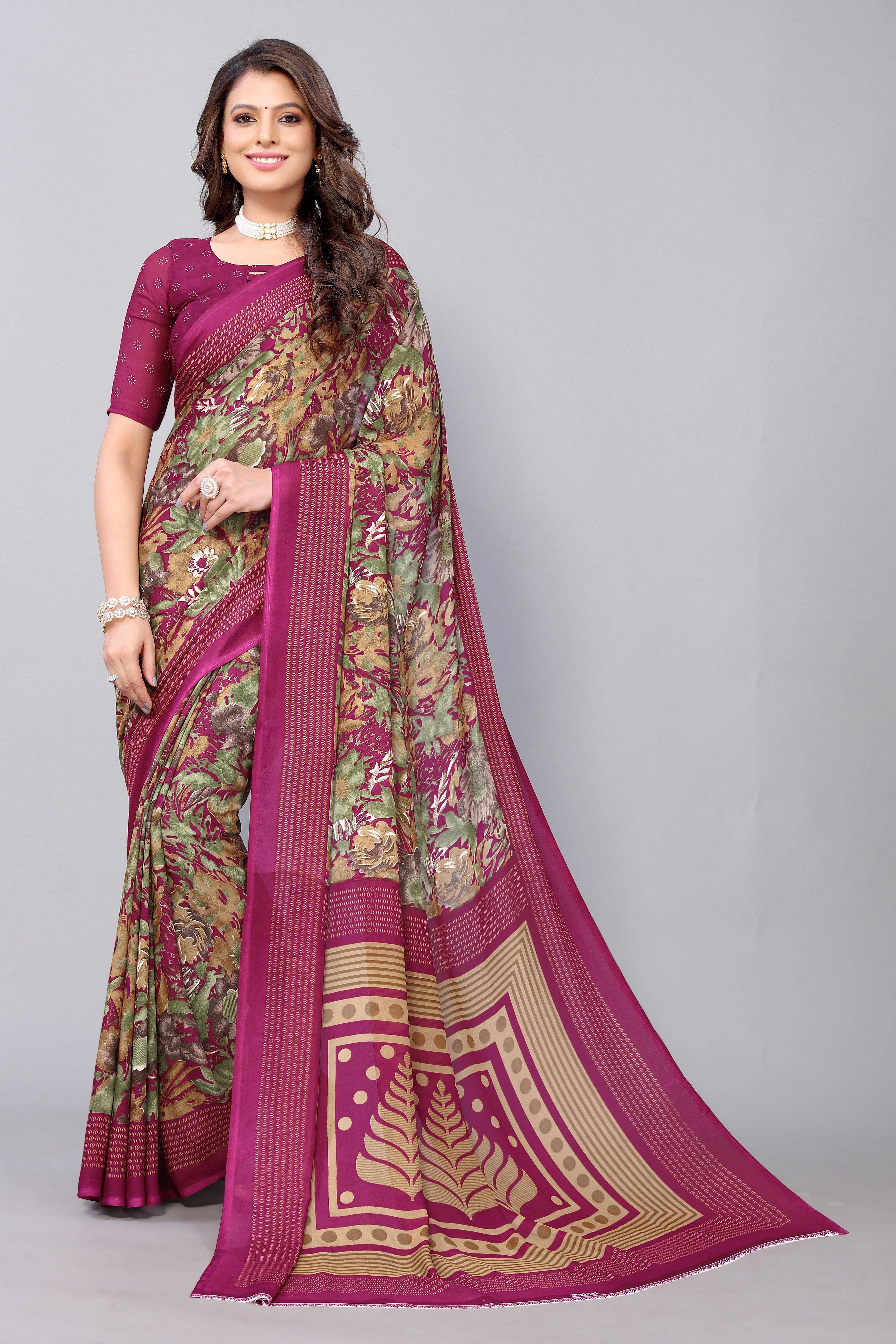 Yashika Georgette Printed Regular Saree With Unstitched Blouse Piece ( Purple ) Yashika Georgette Printed Regular Saree With Unstitched Blouse Piece ( Purple )