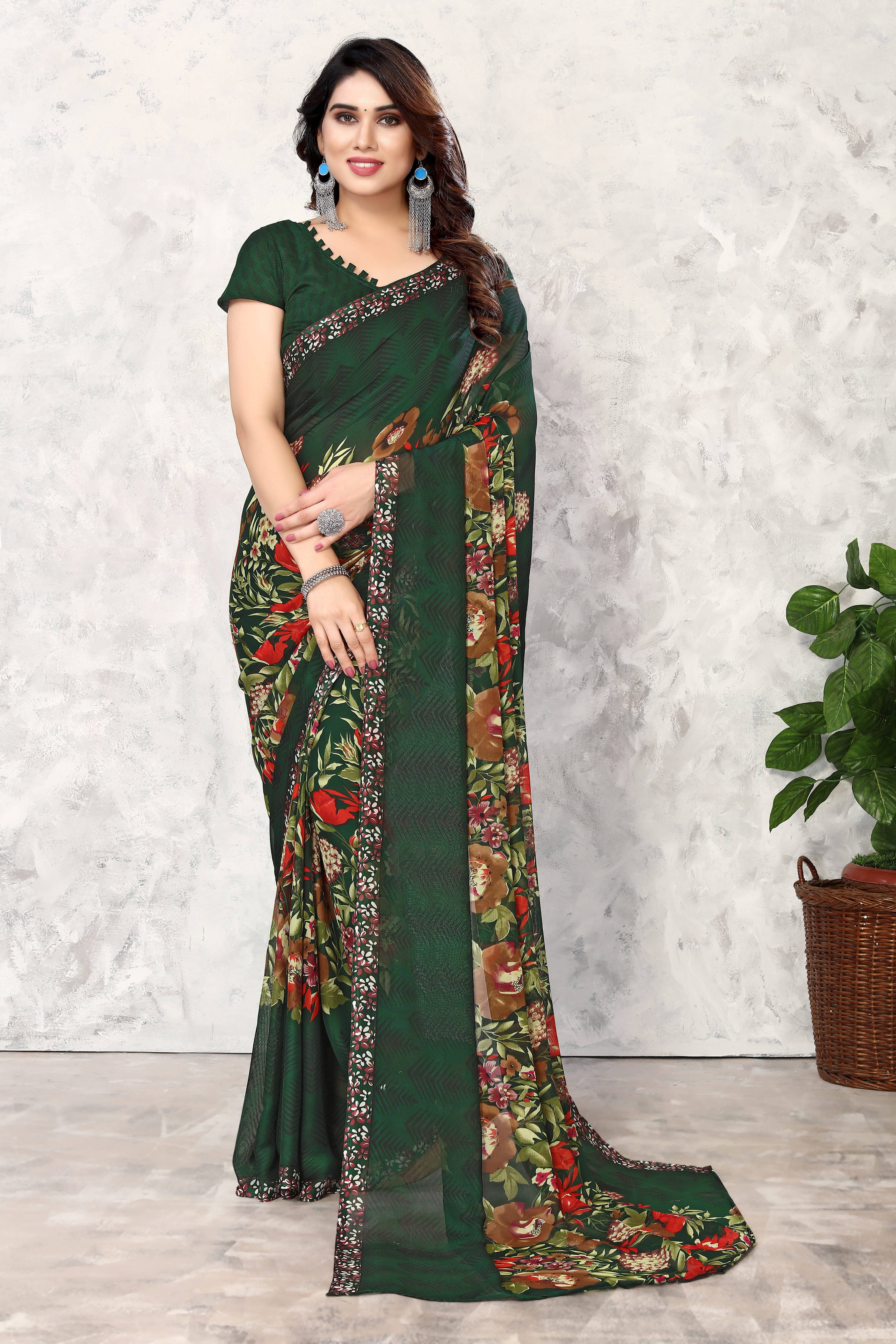 Yashika Georgette Printed Regular Saree With Unstitched Blouse Piece ( Green ) Yashika Georgette Printed Regular Saree With Unstitched Blouse Piece ( Green )