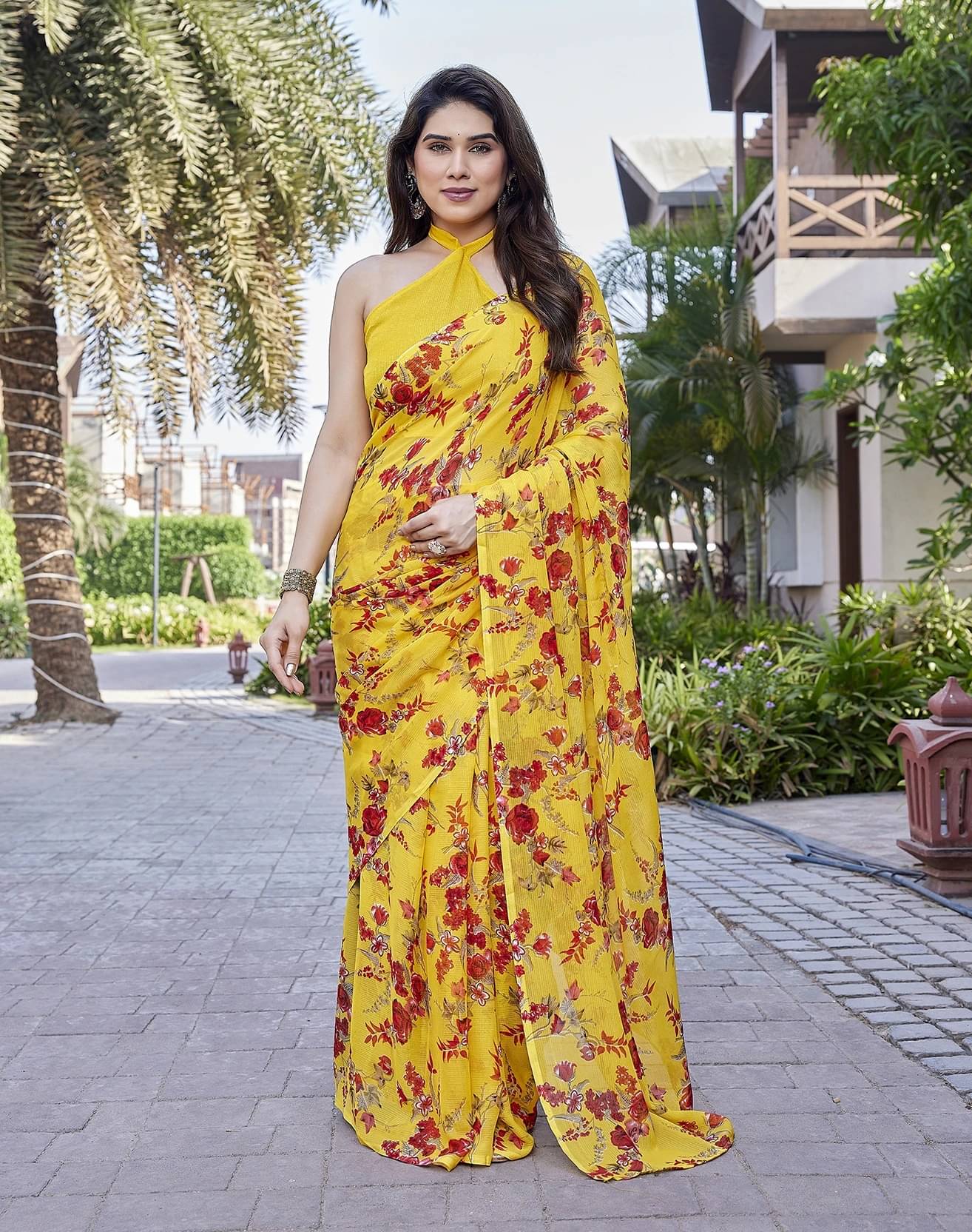     			Yashika Georgette Printed Regular Saree With Unstitched Blouse Piece ( Yellow )