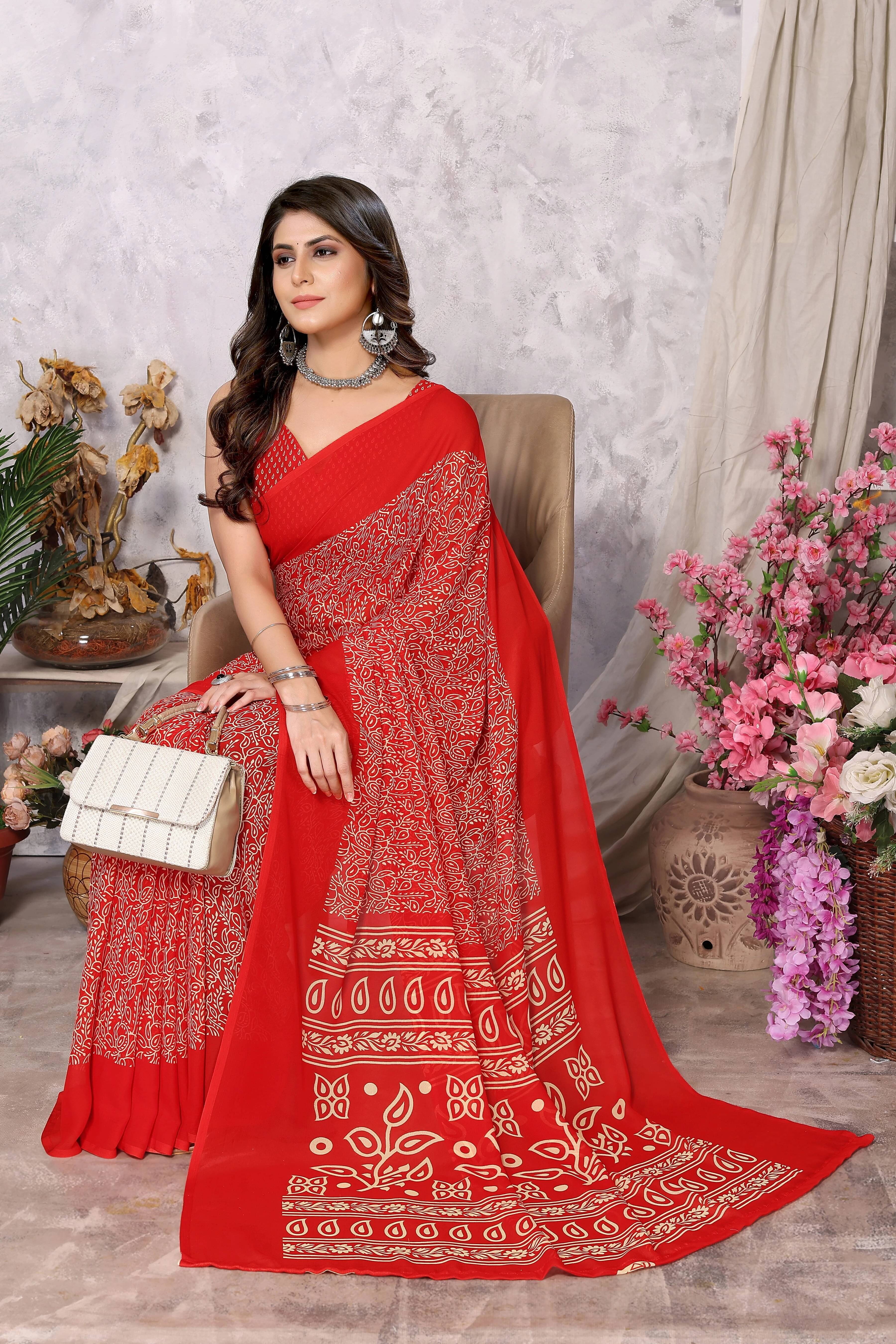 Yashika Georgette Printed Regular Saree With Unstitched Blouse Piece ( Red ) Yashika Georgette Printed Regular Saree With Unstitched Blouse Piece ( Red )