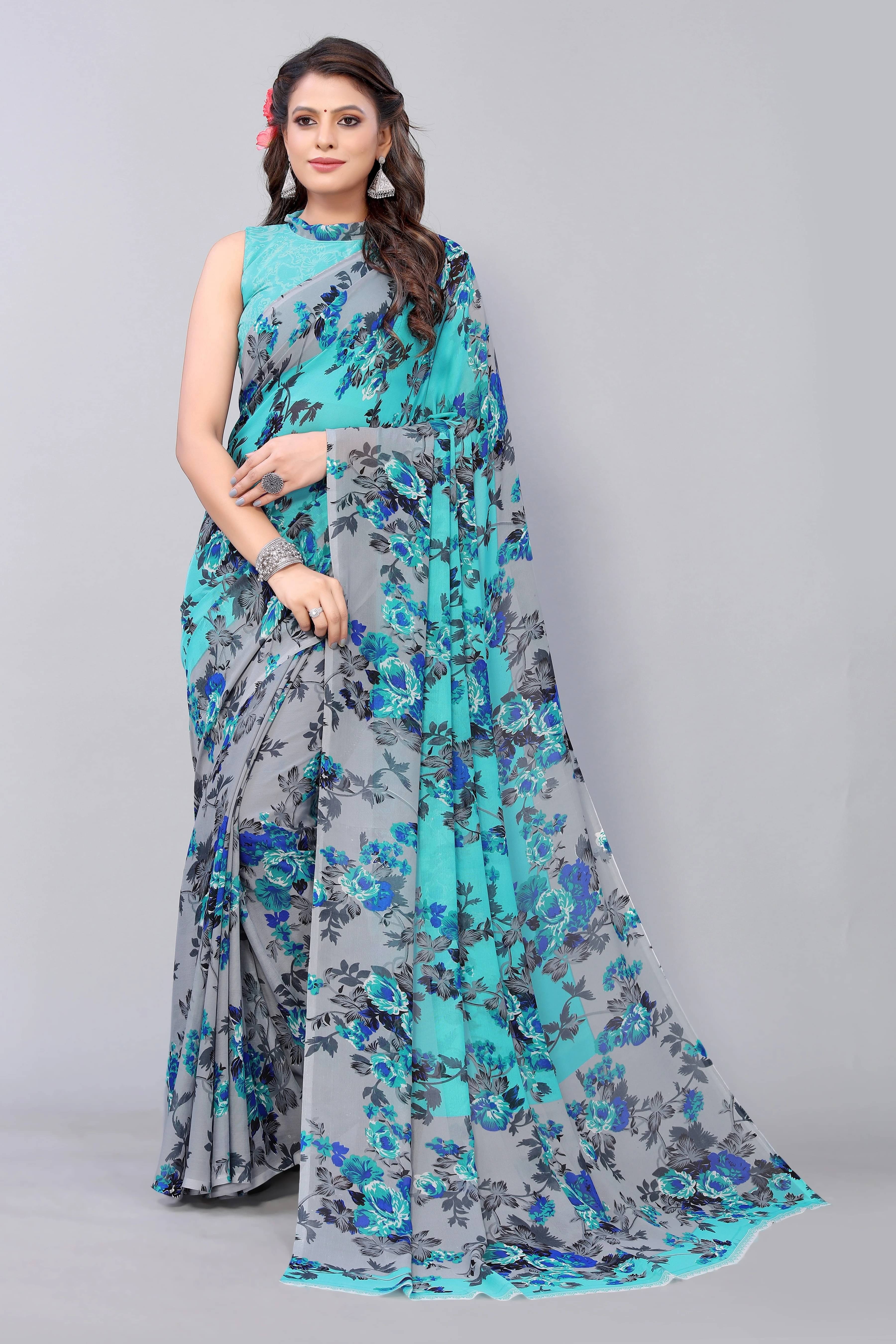 Yashika Georgette Printed Regular Saree With Unstitched Blouse Piece ( Light Blue ) Yashika Georgette Printed Regular Saree With Unstitched Blouse Piece ( Light Blue )