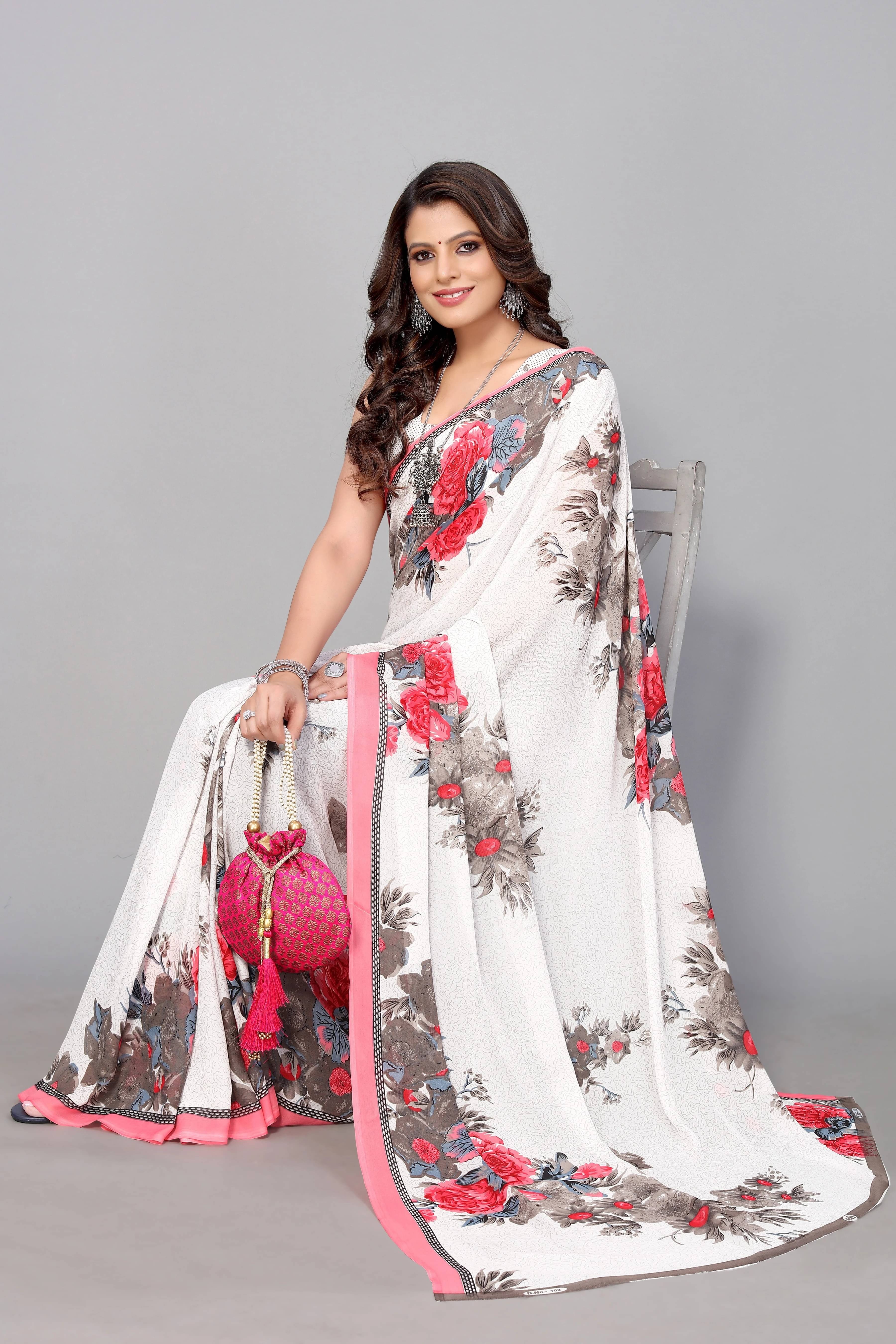     			Yashika Georgette Printed Regular Saree With Unstitched Blouse Piece ( White )